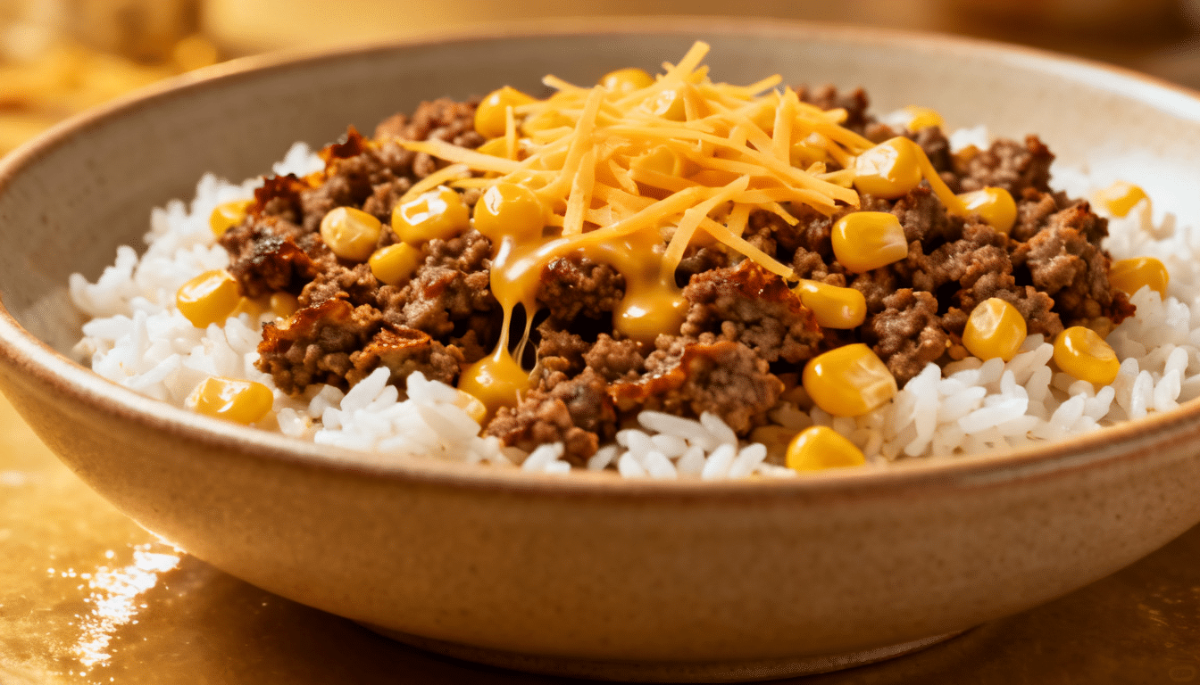 taco rice bowl with seasoned ground beef, white rice, corn, and shredded cheddar cheese in a serving bowl
