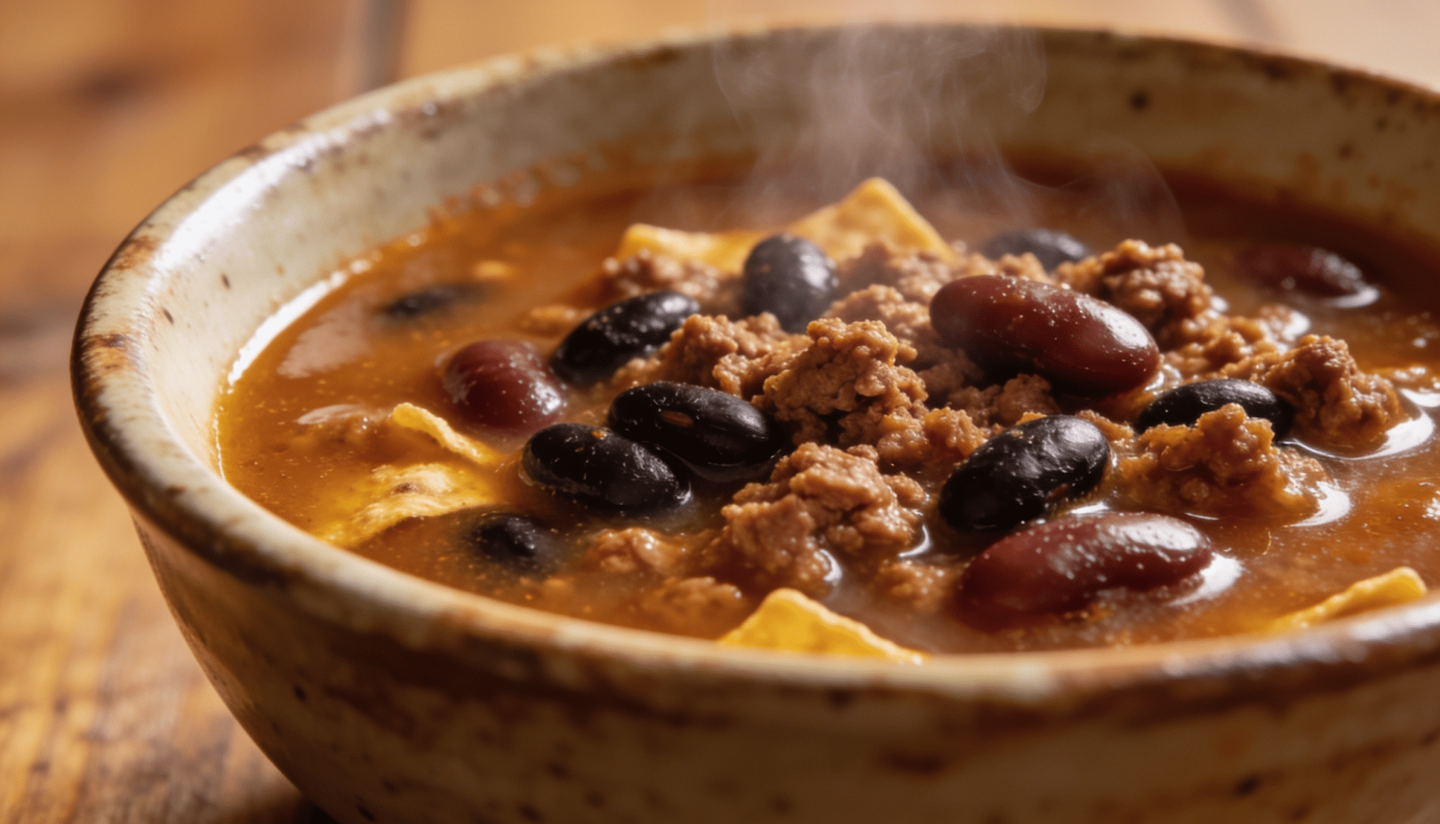 taco soup with seasoned ground beef, black beans, kidney beans, and tortilla chips in a steaming rustic bowl