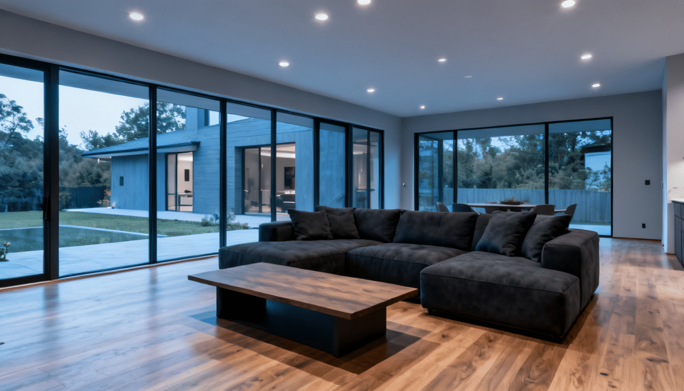 teen hangout space addition with oversized sectional sofa, floor-to-ceiling windows, open layout, and backyard views