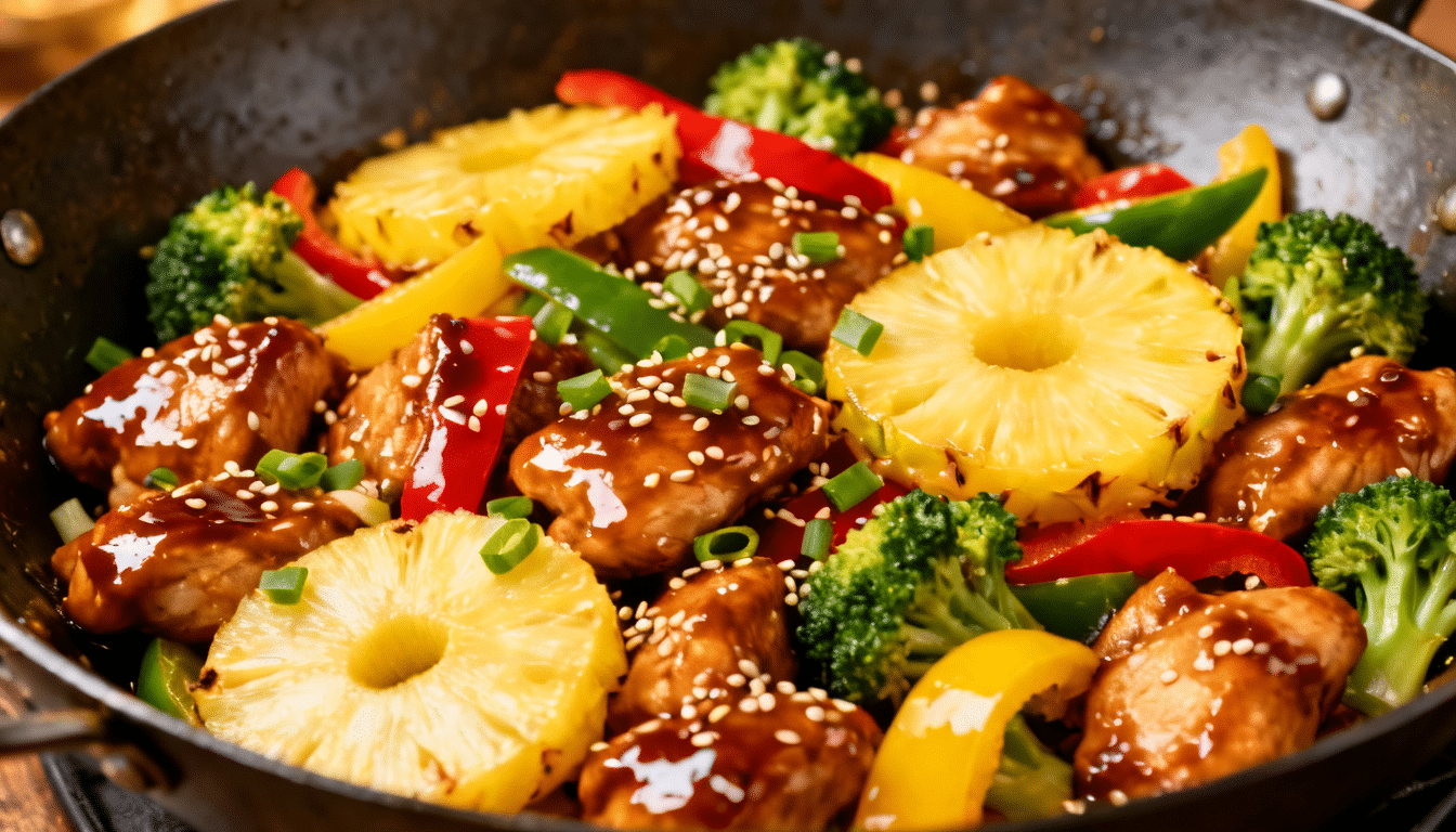 teriyaki pineapple chicken stir-fry with glazed chicken, grilled pineapple rings, broccoli, colorful bell peppers, sesame seeds, and green onions in a wok-style skillet