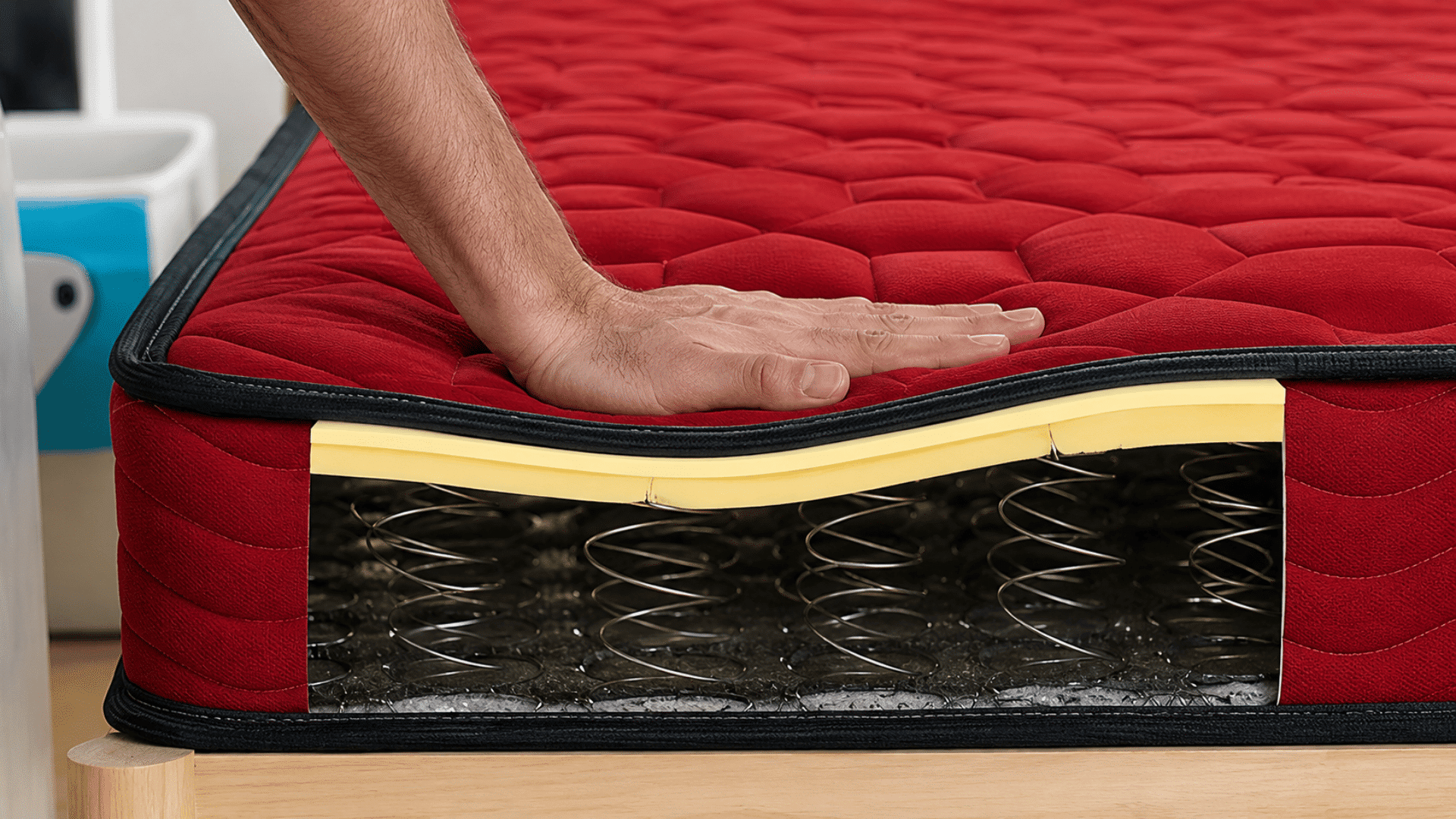 test of mattress comfort and structure checking the comfort and durability by pressing hands above the mattress natural lighting and bed