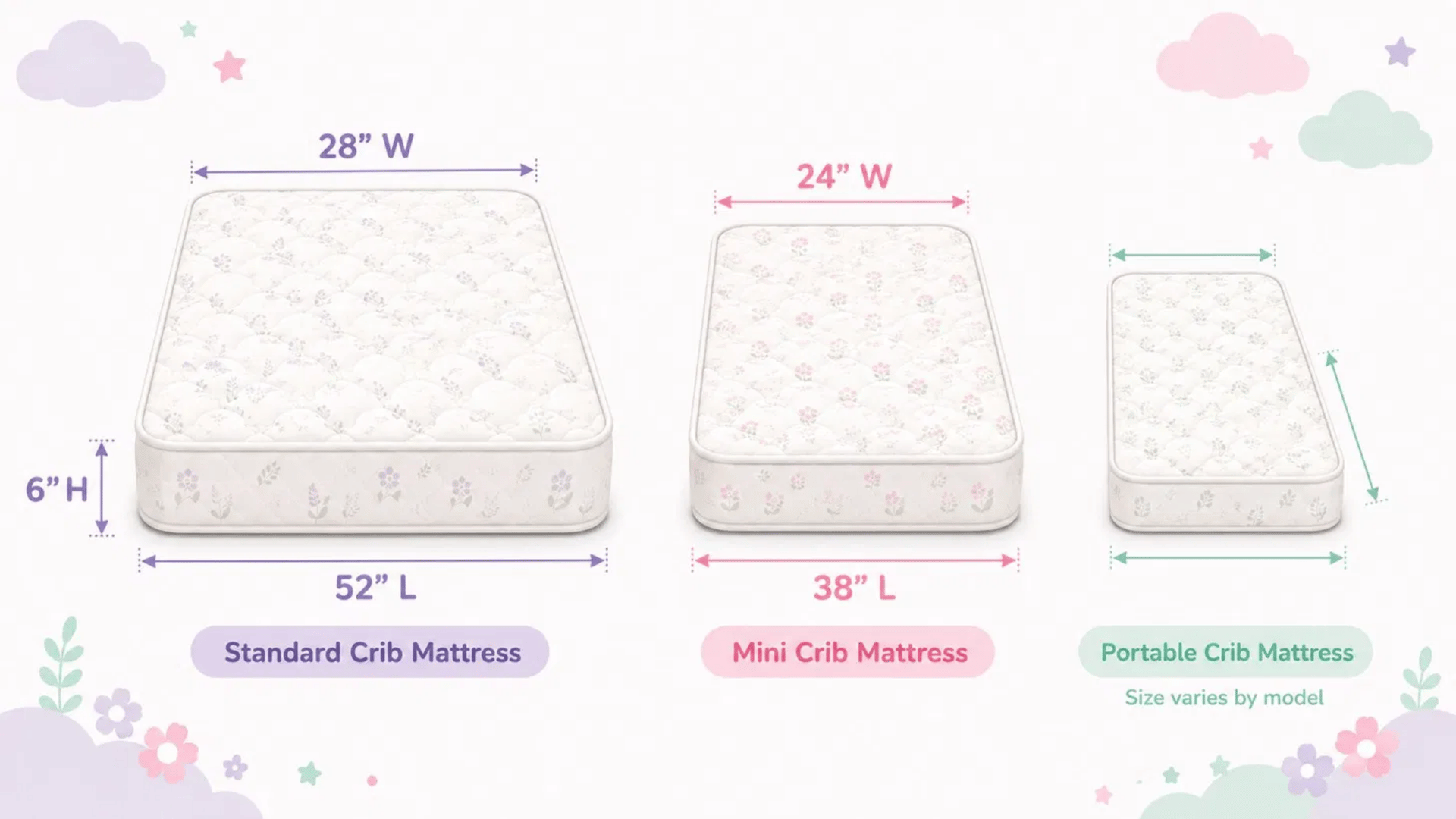 three crib mattress sizes compared — standard 52x28, mini 38x24, and portable crib mattress