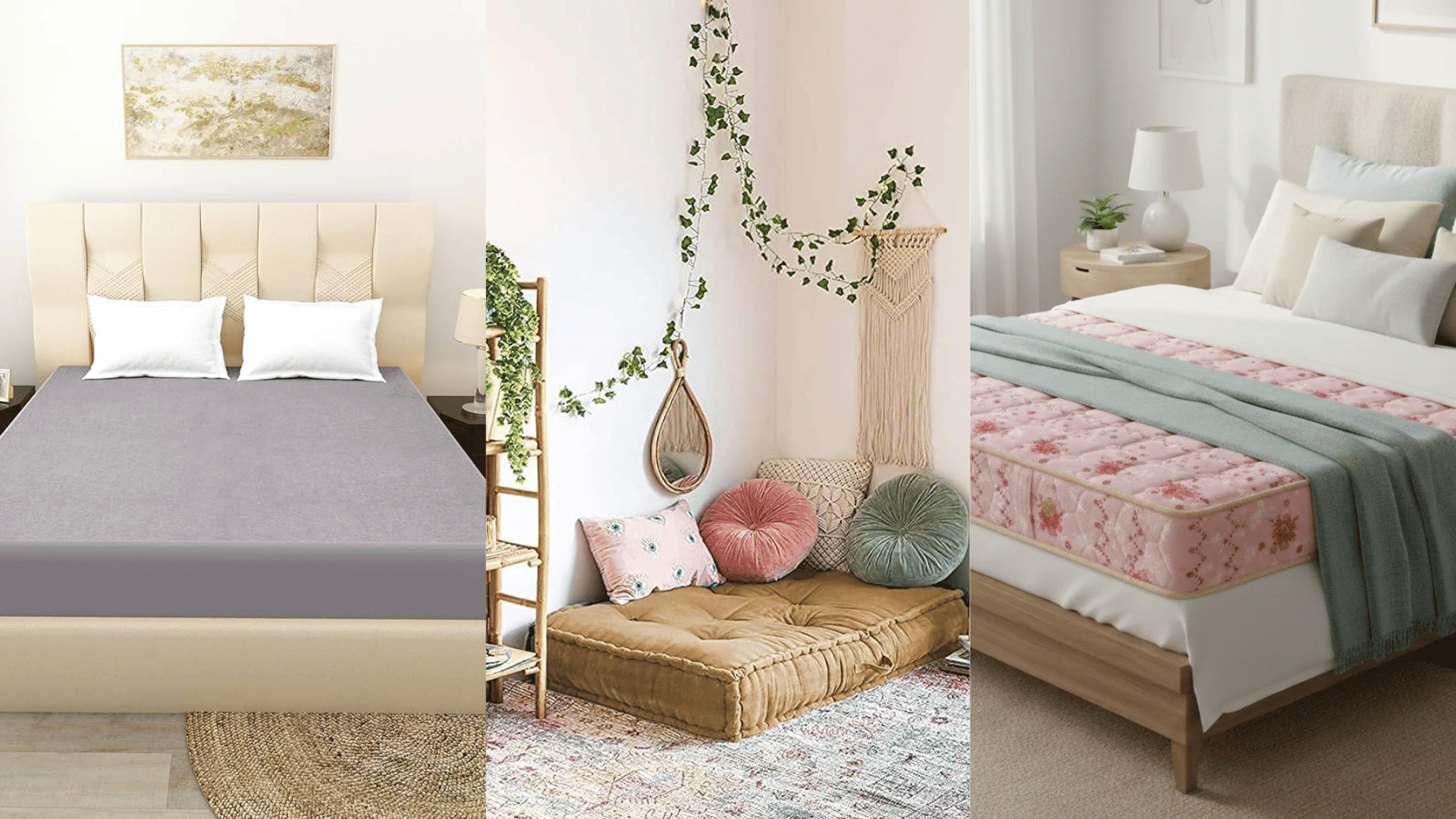 three different mattresses in three indoor setting showing daily use of mattress in different applications in simple neutral lighting and daylight setting