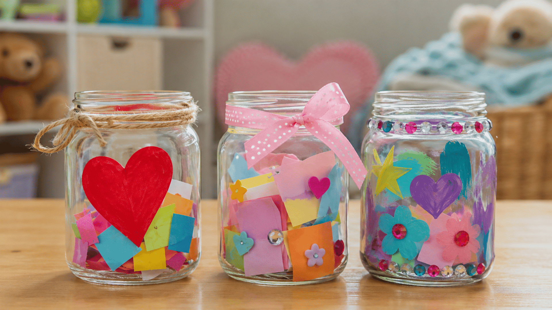 three glass kindness craft jars decorated with small colorful hearts and filled with positive inspirational notes