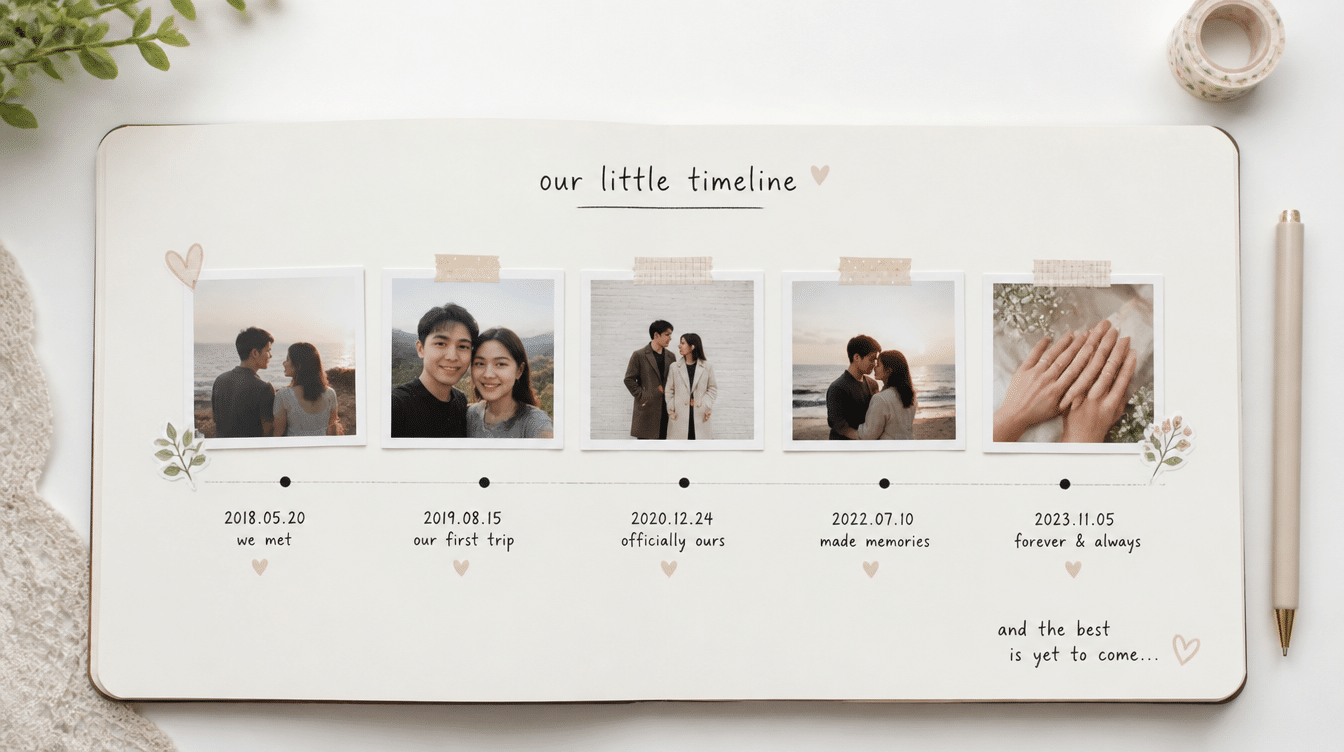 timeline scrapbook layout featuring milestone photos, memorable dates, and relationship highlights arranged in chronological order on a clean album page background