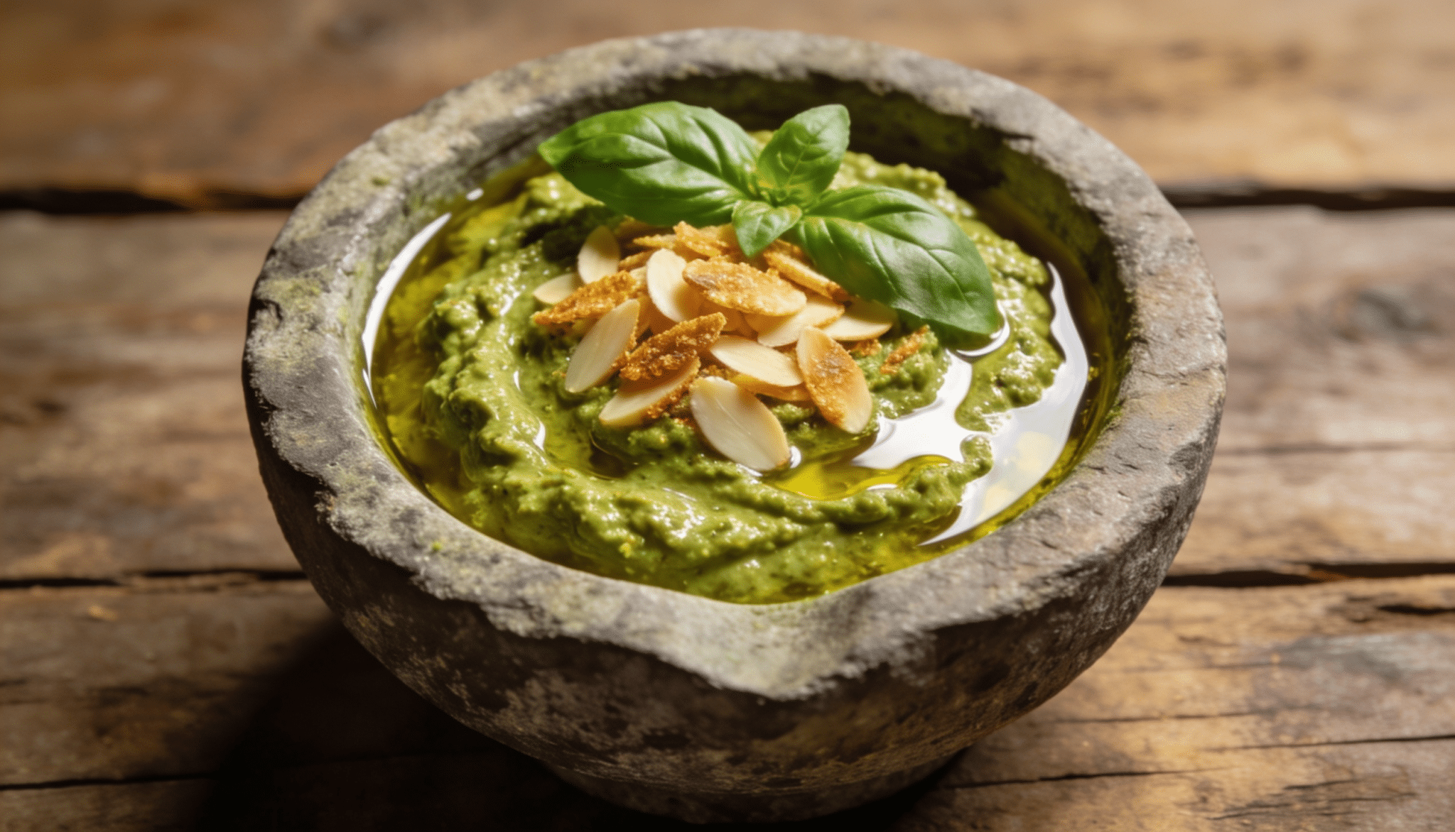 toasted almond pesto in rustic stone bowl topped with basil leaves, sliced almonds, and olive oil on wooden table background