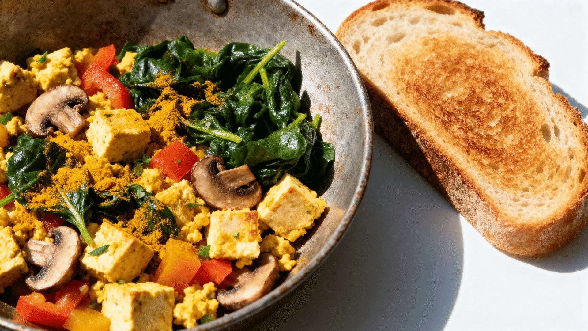 tofu breakfast scramble with spinach, peppers, mushrooms, turmeric, and toast