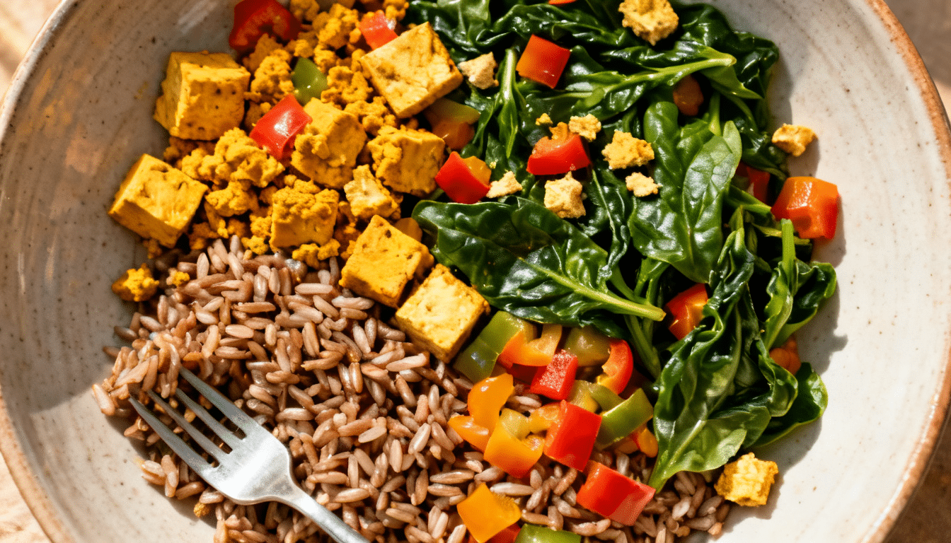 tofu veggie breakfast bowl with seasoned tofu brown rice spinach and colorful bell peppers in a ceramic bowl on wooden surface