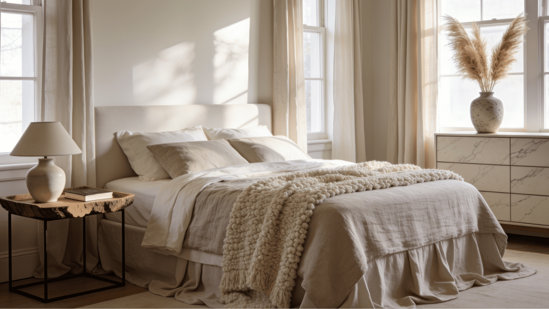 tonal neutral master bedroom in ivory sand and greige with layered linen boucle bedding and pampas grass