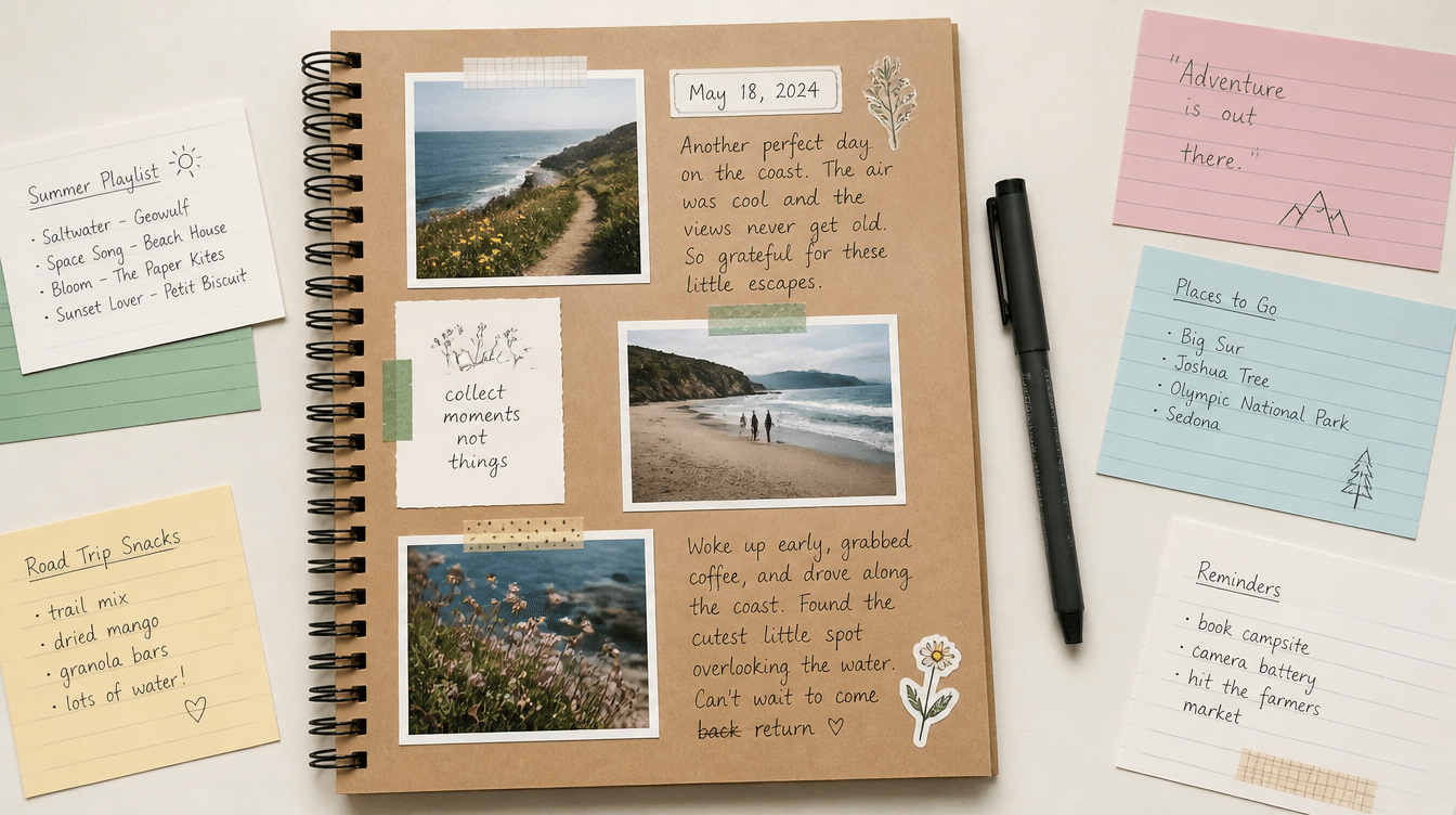 travel journaling scrapbook layout with photos, handwritten memories, decorative notes, and personal reflections arranged on a kraft paper album page background
