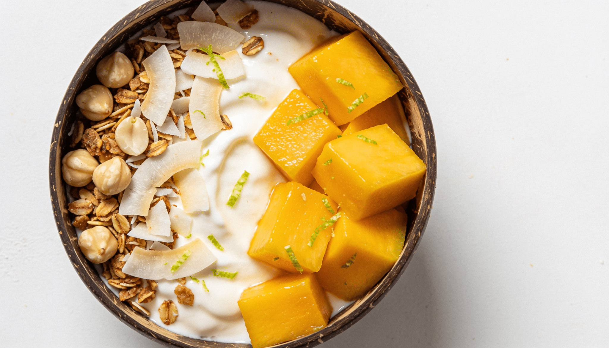tropical mango coconut breakfast bowl with yogurt mango chunks coconut flakes granola and lime zest in a wooden bowl