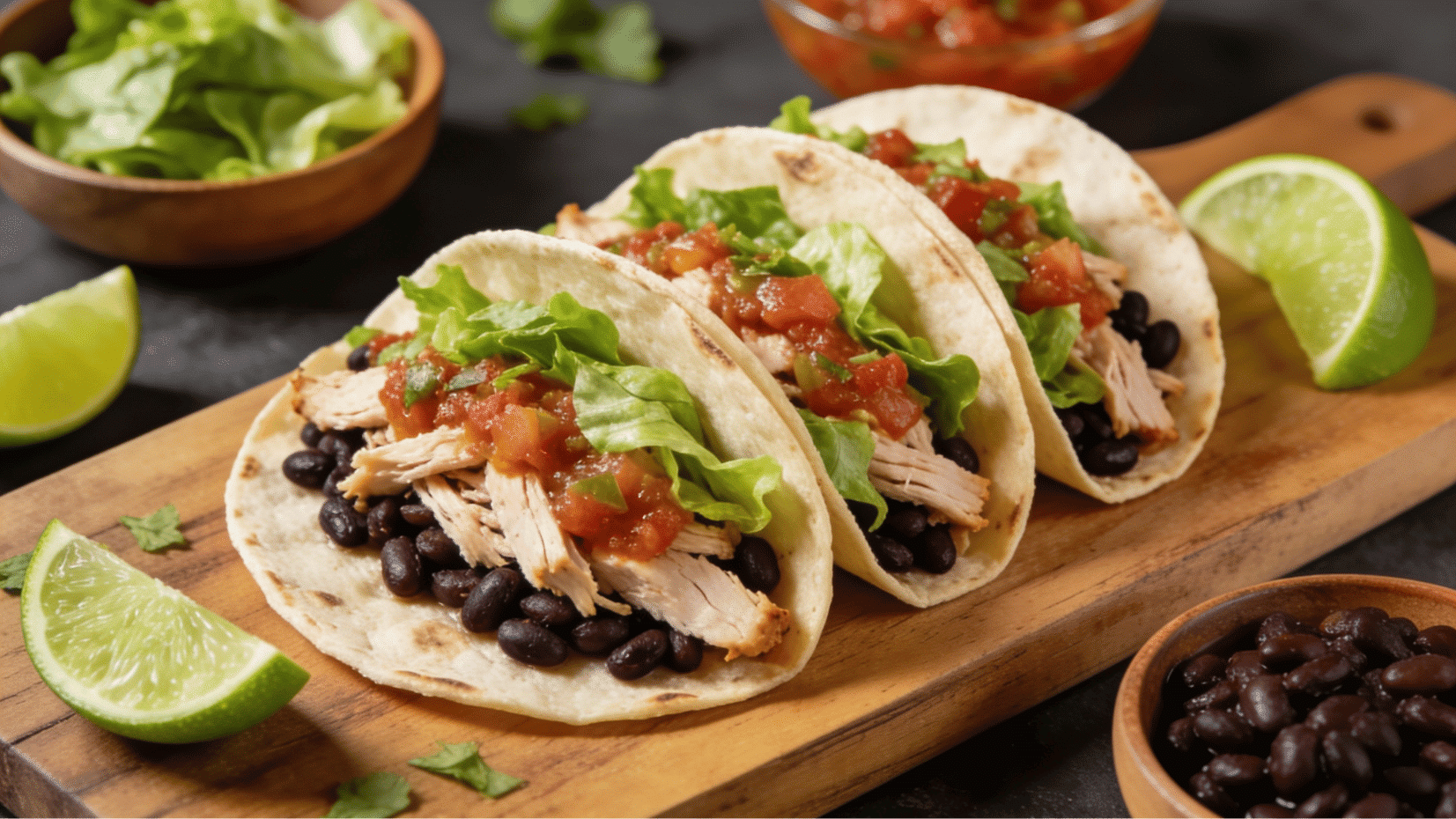 turkey and black bean tacos with salsa and lime wedges