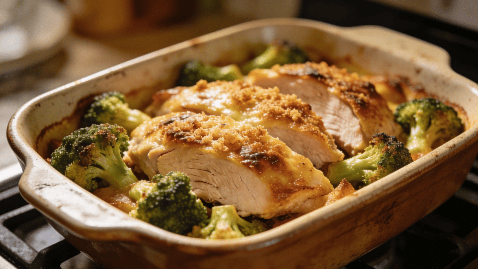 turkey and broccoli bake with golden crust in a dish