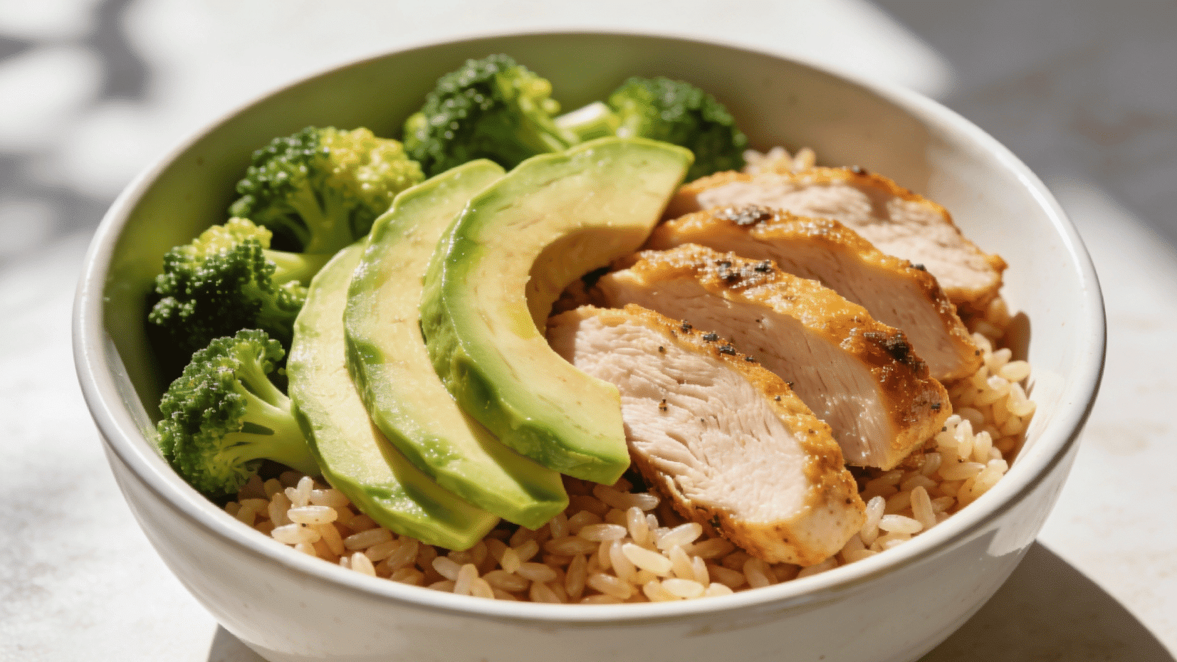 turkey and brown rice bowl with avocado and broccoli