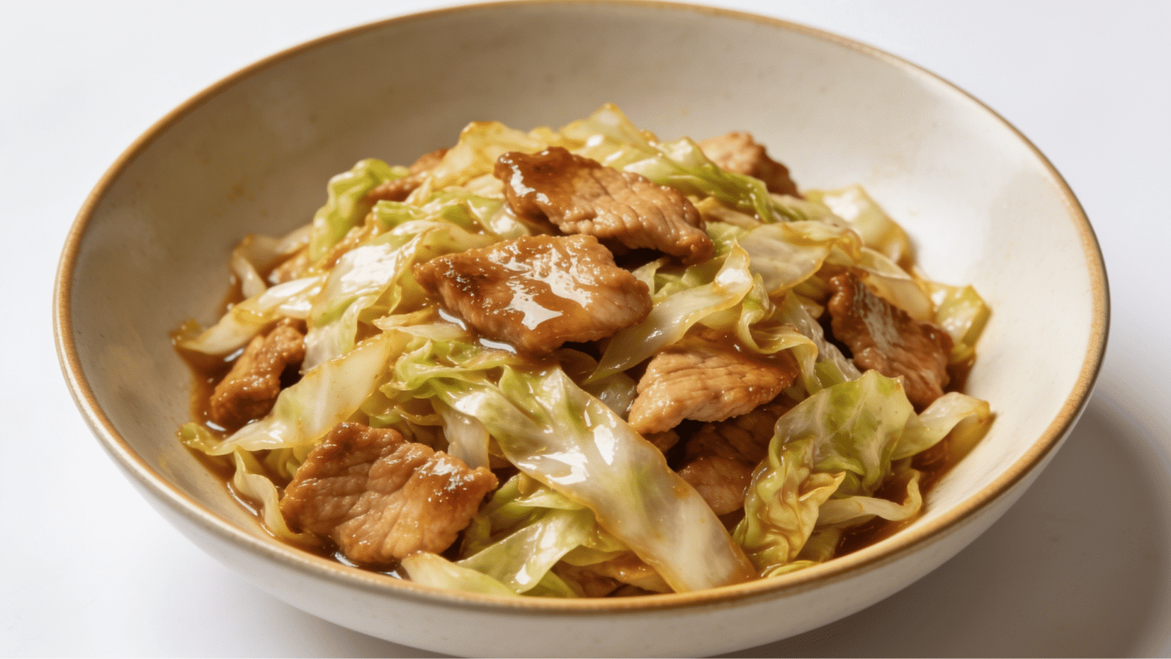 turkey and cabbage stir-fry with soy sauce glaze in a bowl