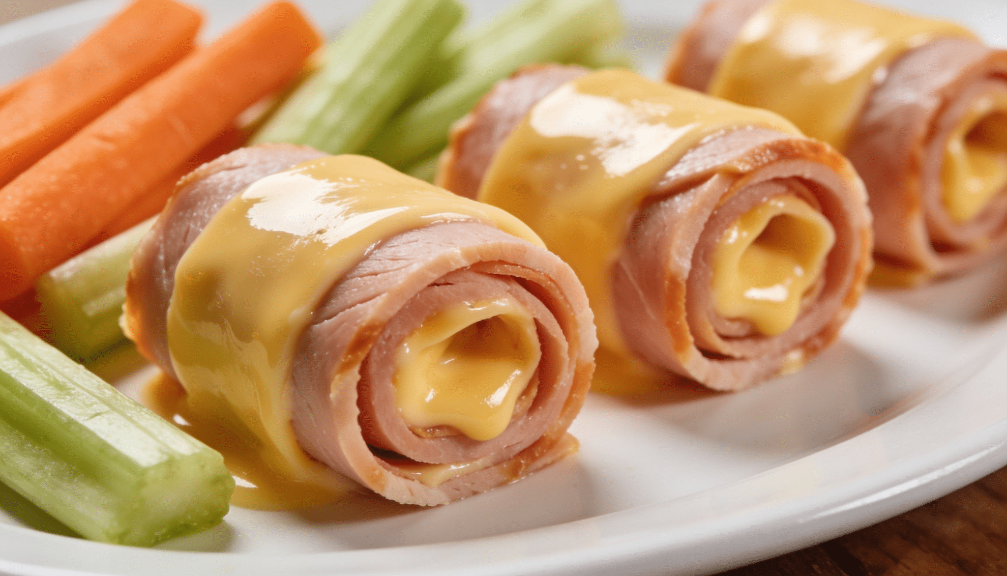 turkey and cheese roll-ups served with carrot and celery sticks on a plate for a quick family-friendly meal