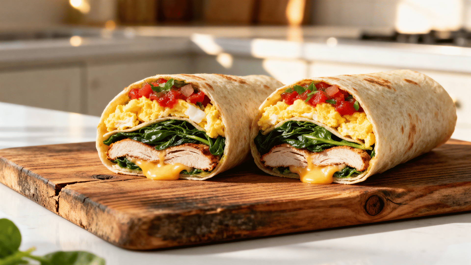 turkey and egg breakfast wrap with spinach, salsa, and cheese on a wooden board