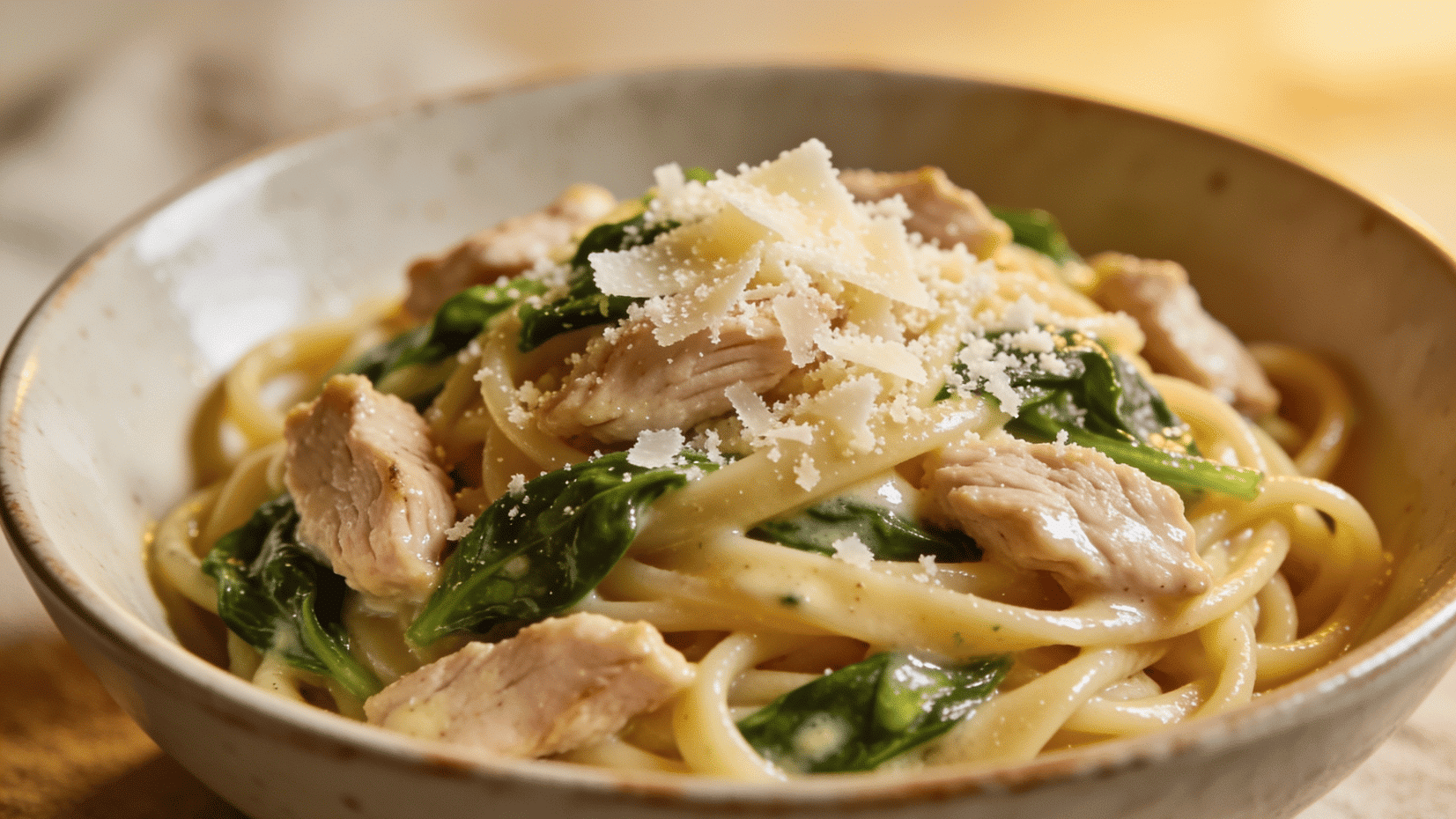 turkey and spinach pasta with parmesan in a bowl