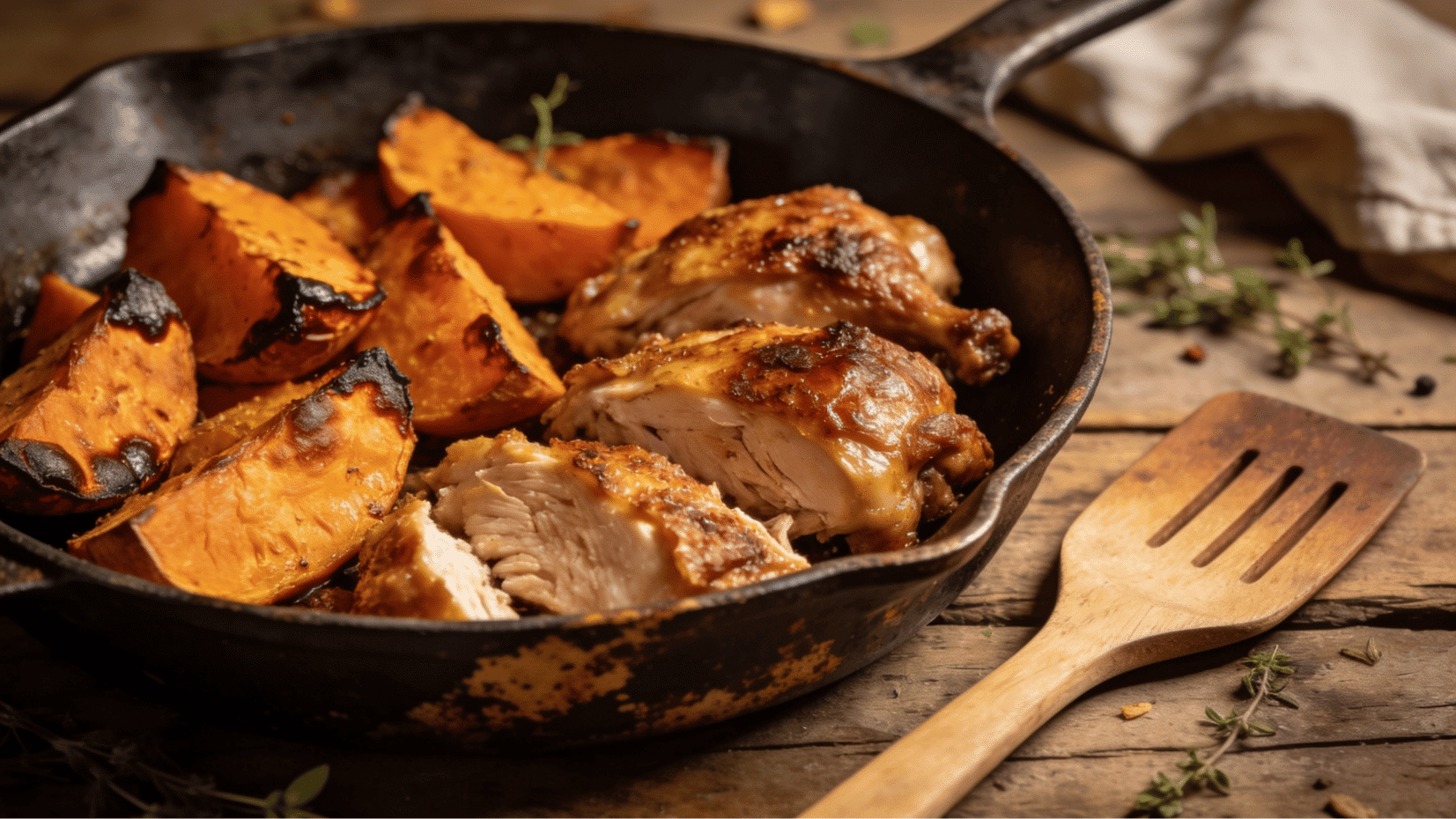 turkey and sweet potato skillet in a cast iron pan