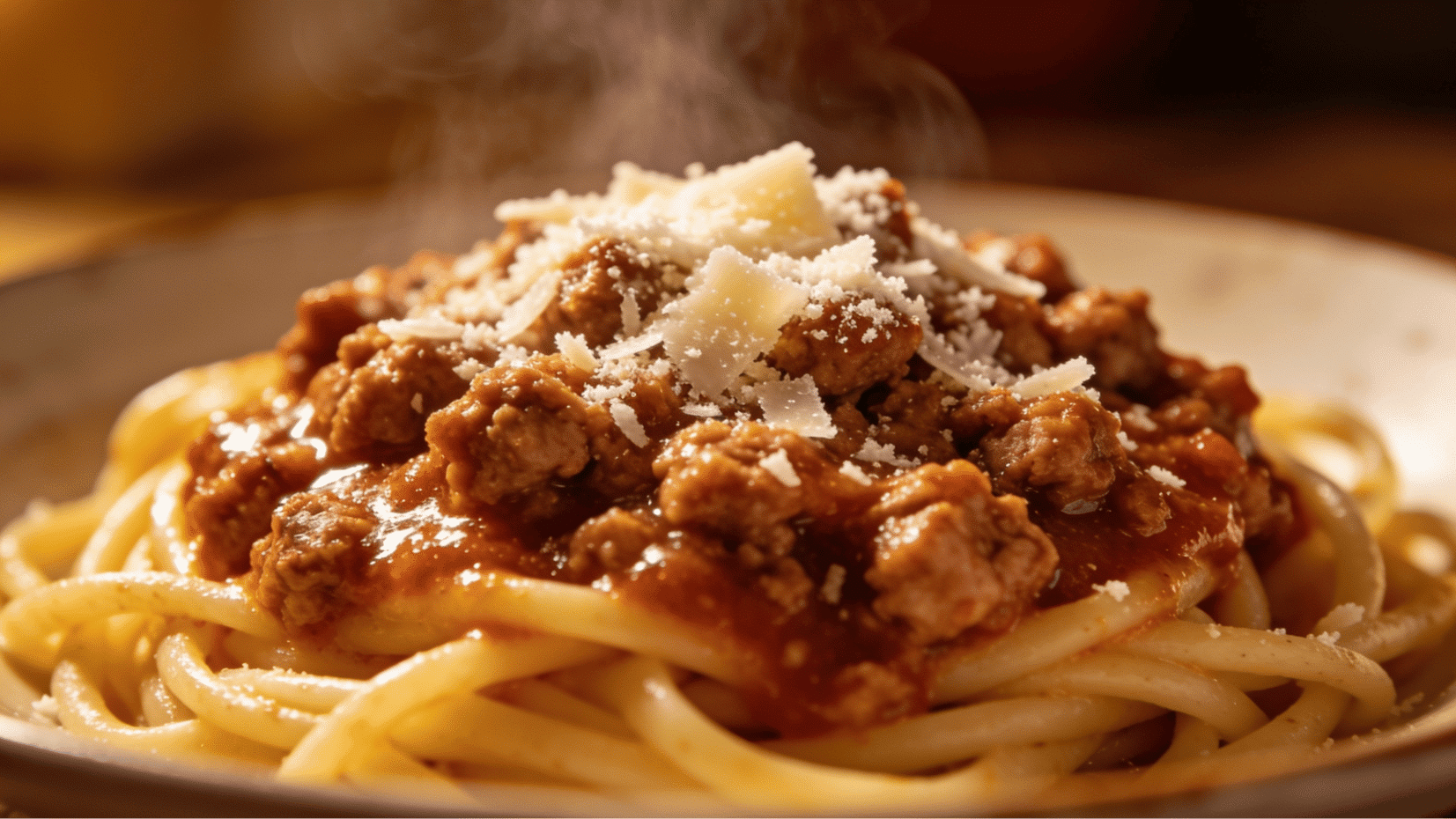 turkey bolognese over spaghetti with grated parmesan on top