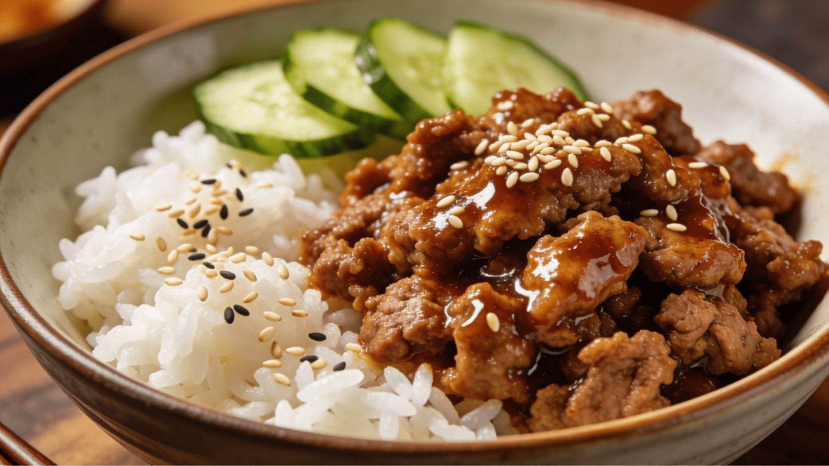 turkey bulgogi bowl with rice cucumber and sesame seeds