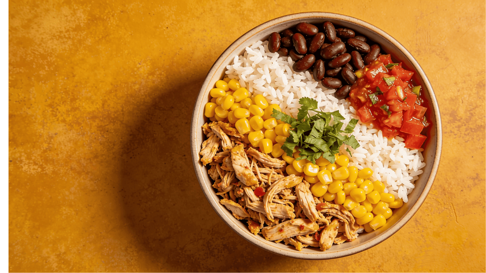 turkey burrito bowl with rice beans corn and salsa