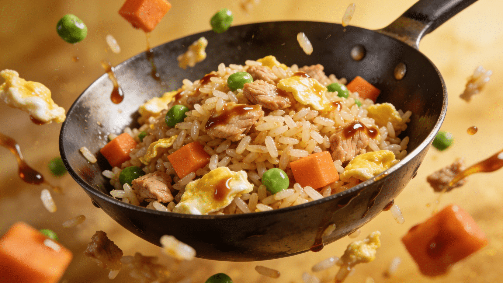 turkey fried rice with egg peas and carrots in a wok