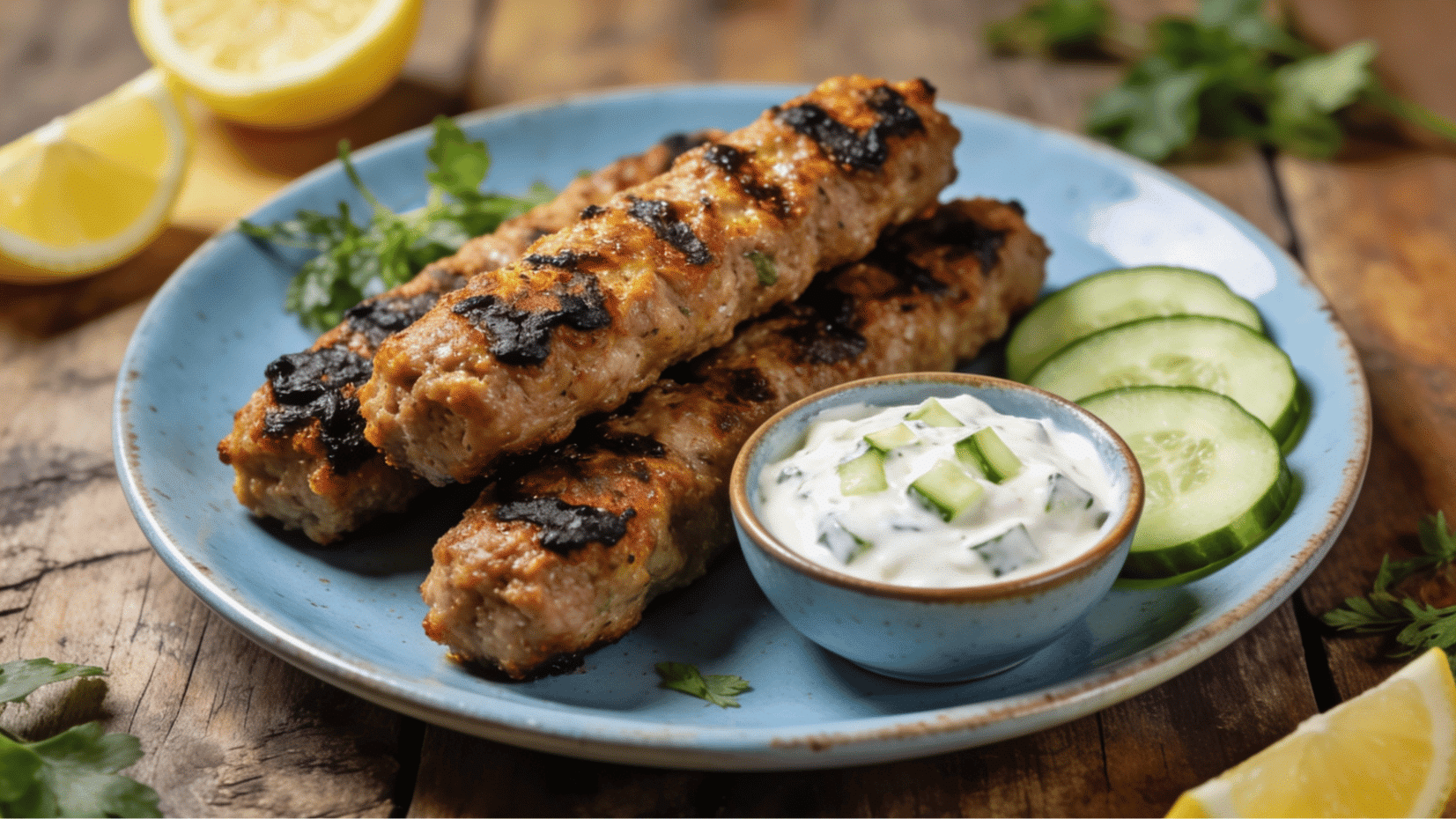 turkey kofta with tzatziki cucumber and lemon on a plate