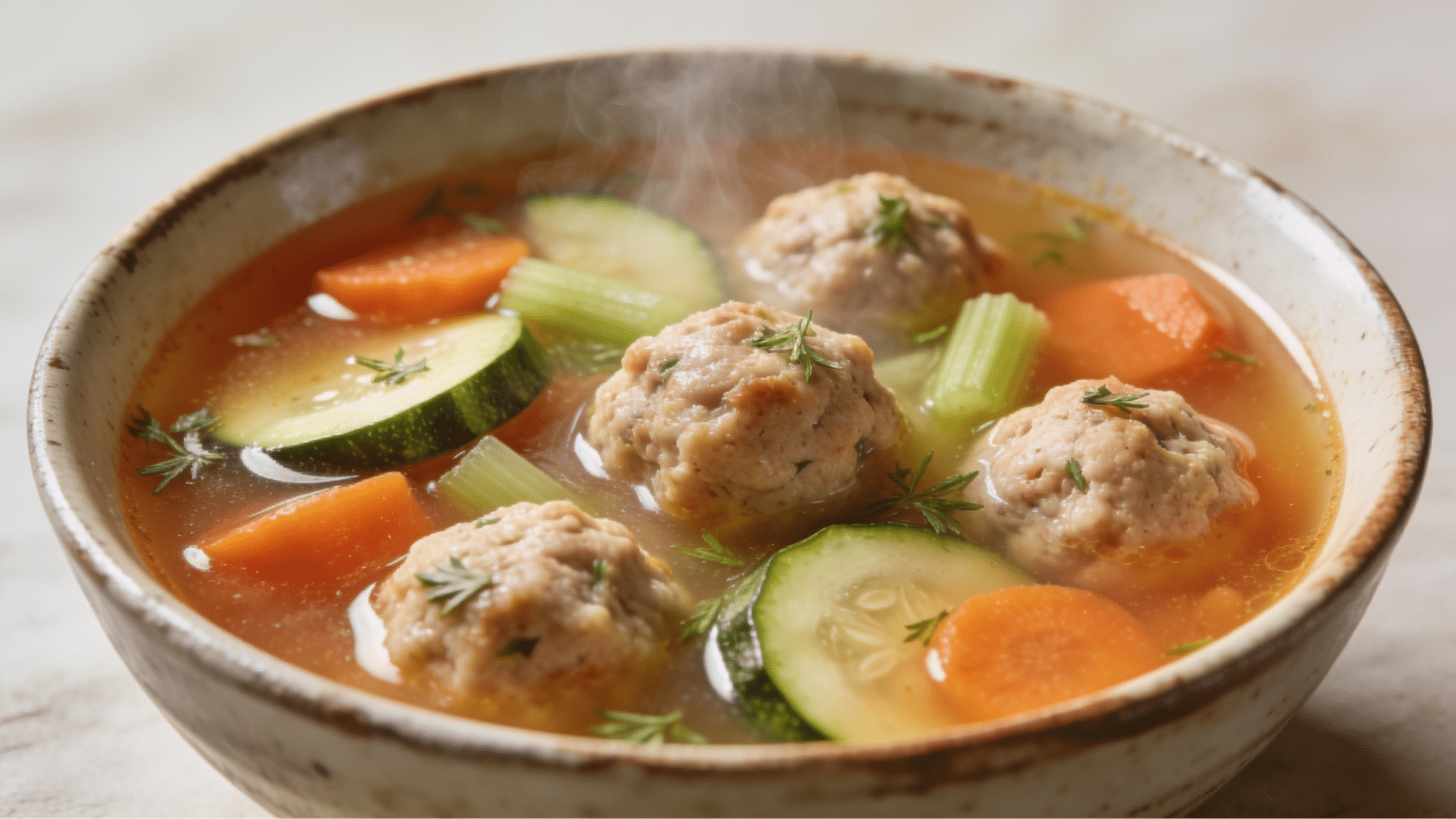 turkey meatball soup with zucchini carrots celery and light tomato broth served in a rustic soup bowl