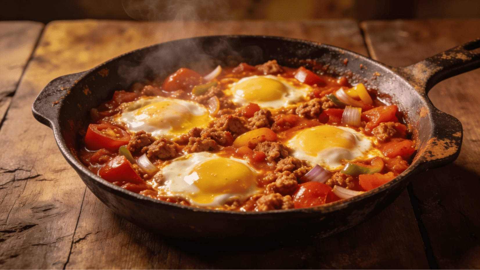 turkey shakshuka with poached eggs and peppers in a skillet