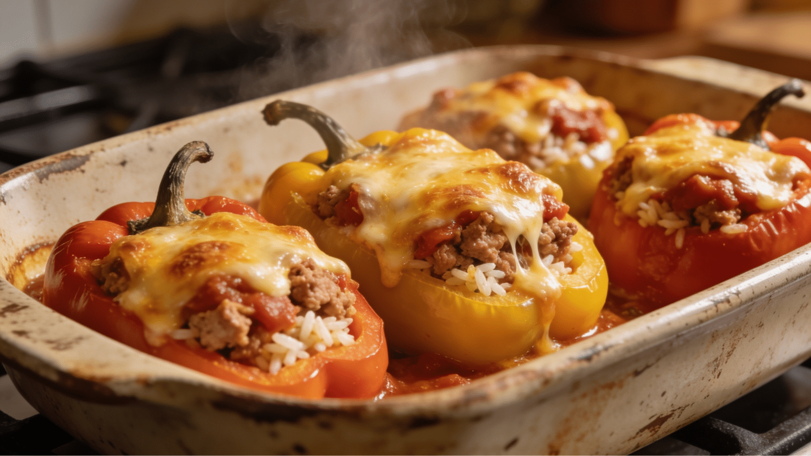 turkey stuffed bell peppers with melted cheese and rice in a baking dishturkey stuffed bell peppers with melted cheese and rice in a baking dish