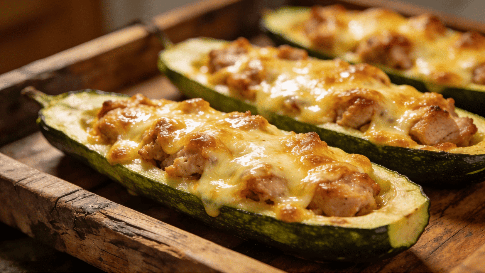 turkey stuffed zucchini boats with melted cheese on top