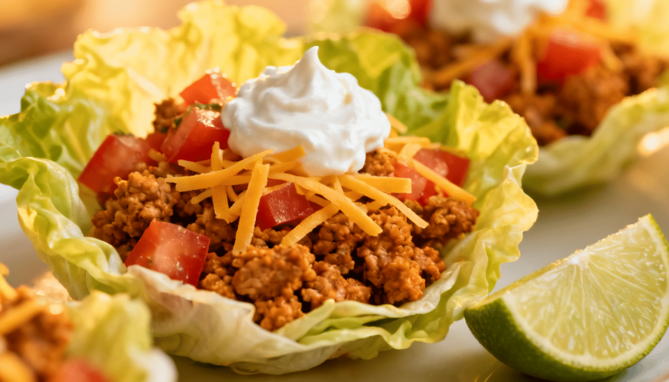 turkey taco lettuce boats filled with seasoned ground turkey, shredded cheddar cheese, diced tomatoes, sour cream, and fresh lime wedges in crisp lettuce cups