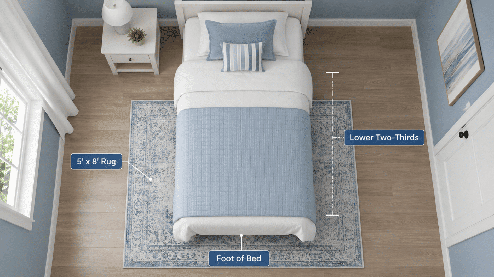 twin bed with a 5x8 rug placed under the lower two-thirds of the bed