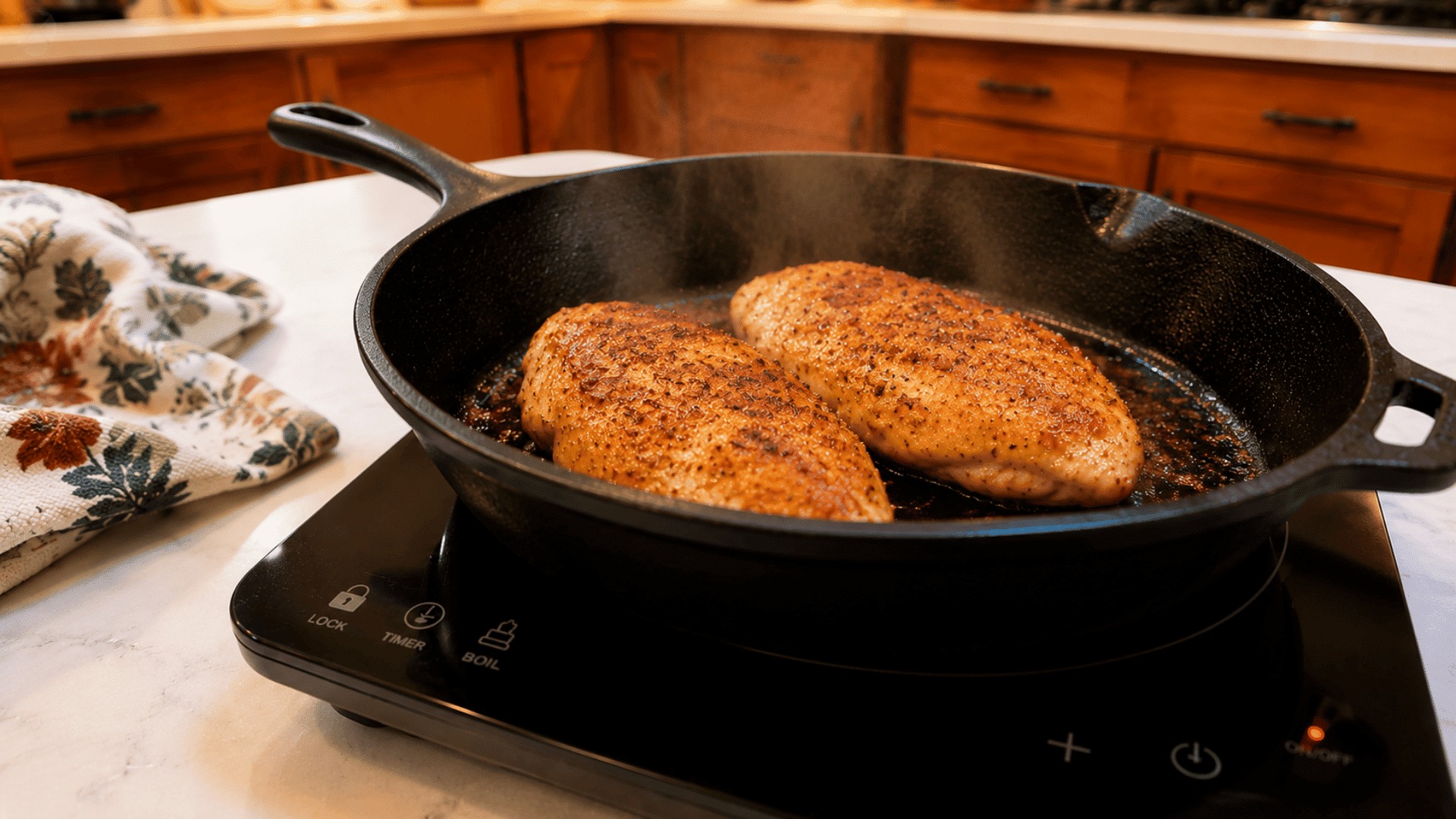 two seasoned chicken breasts searing in a cast iron skillet with a golden brown crust
