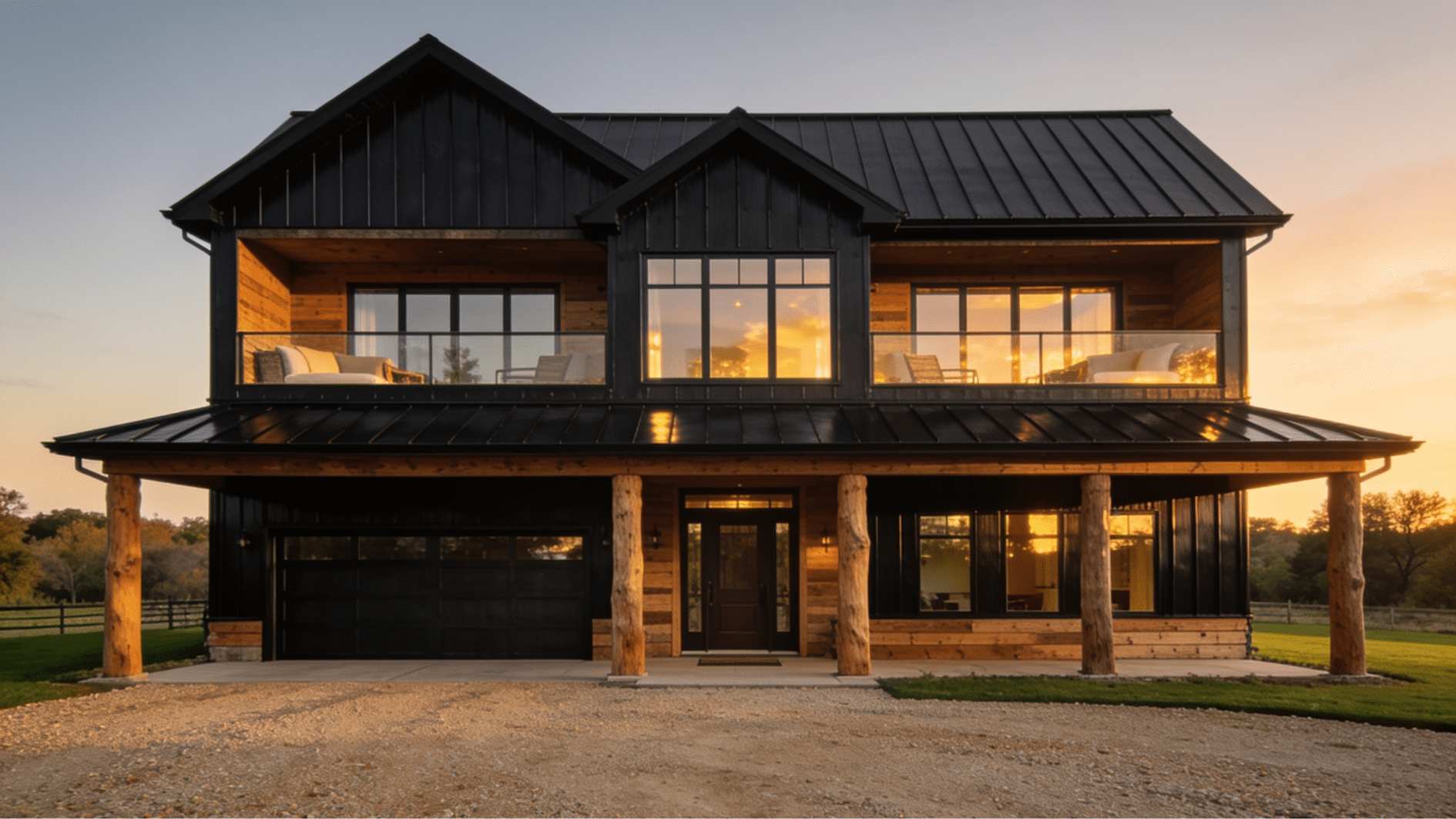 two story barndominium with upper floor bedrooms covered porch and spacious yard