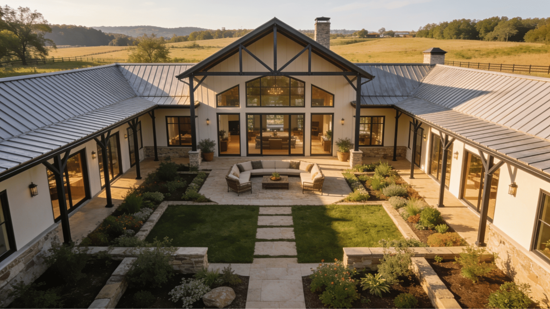 u shaped barndominium enclosing a private courtyard with landscaping and seating area