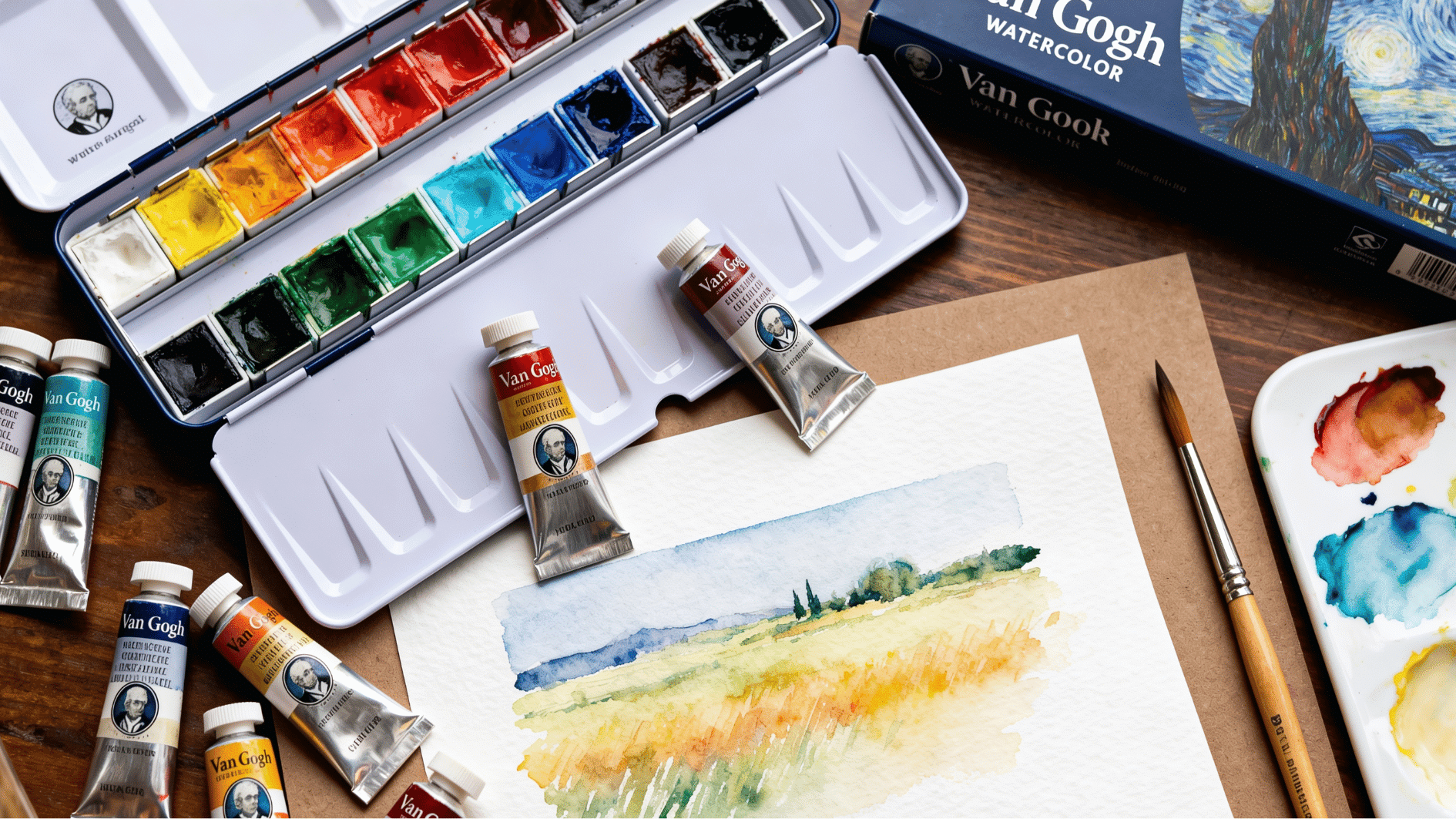 van gogh watercolor set with open pans and tubes, color swatches on paper and palette, soft natural studio lighting