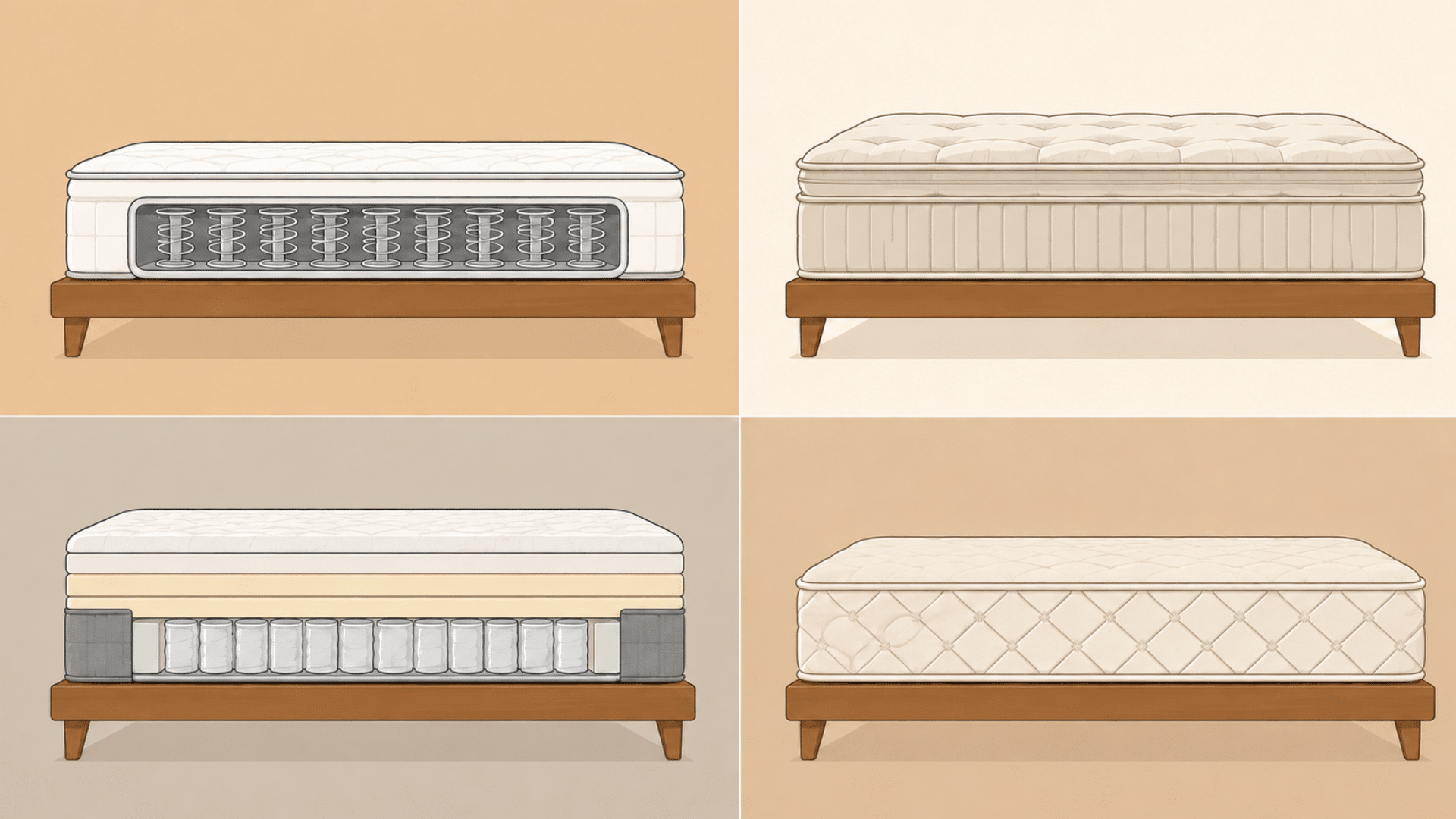 vector illustration collage of four mattress types showing innerspring pillow top hybrid and traditional designs