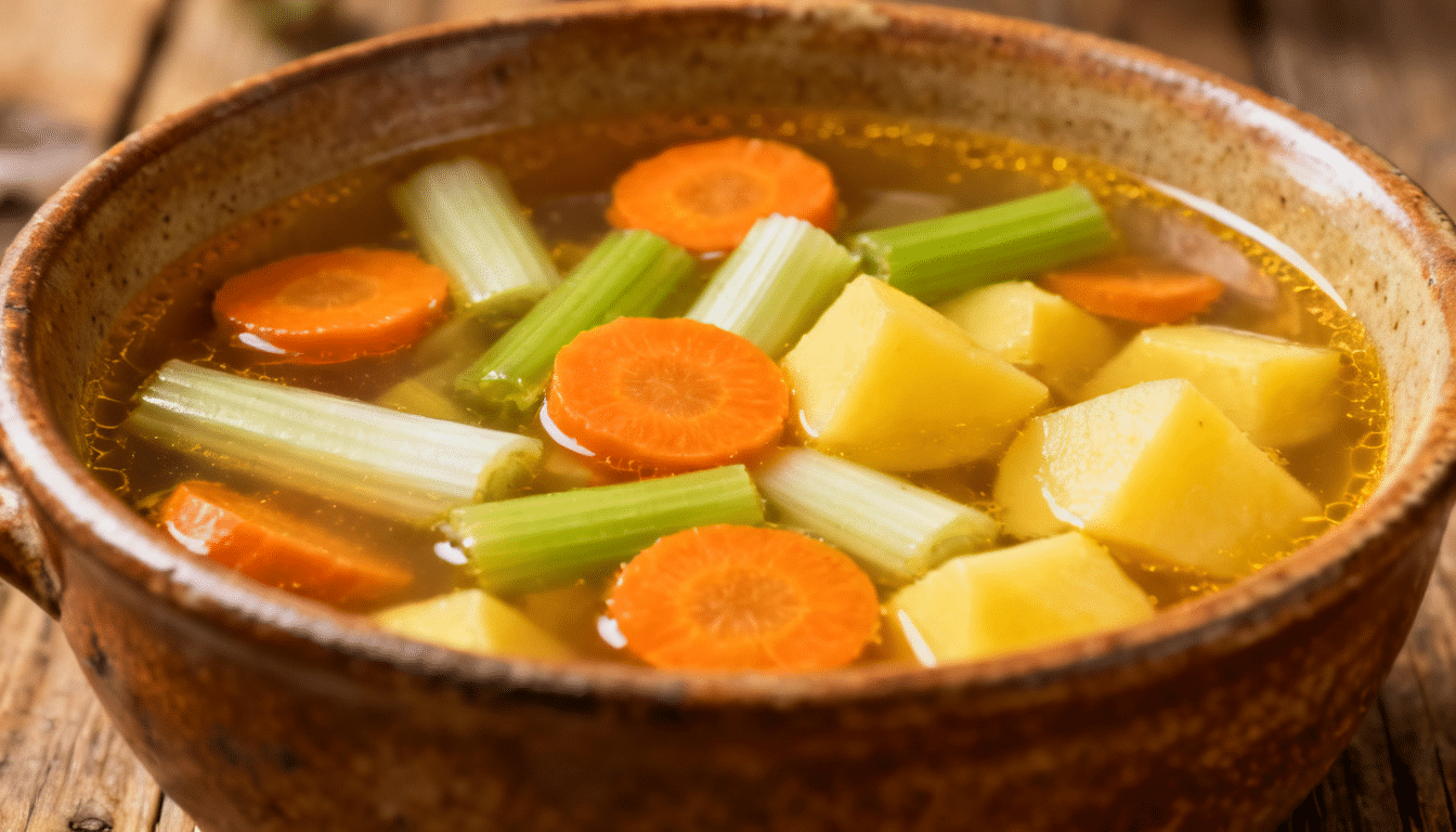vegetable soup with carrots, celery, and potatoes simmering in a light golden broth in a rustic ceramic bowl