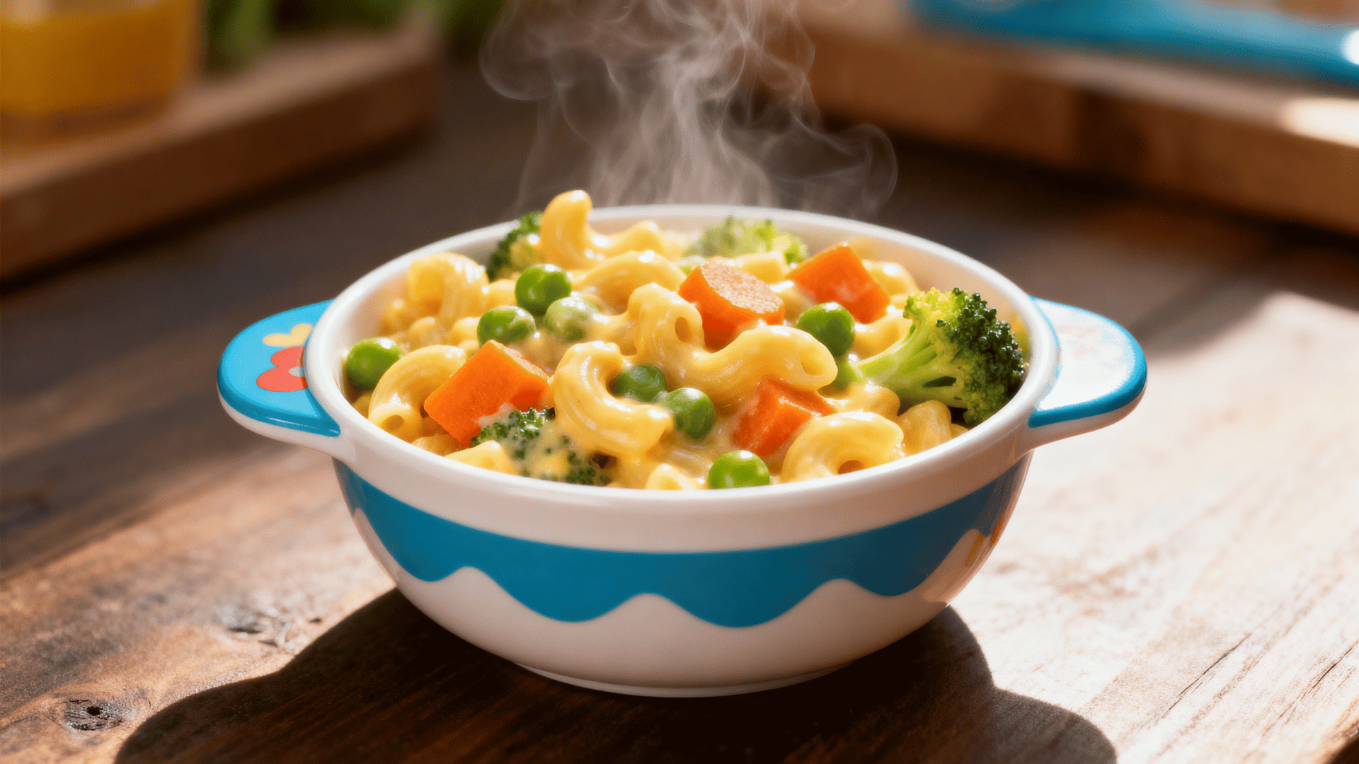 veggie mac and cheese with soft peas carrots and broccoli in a toddler bowl