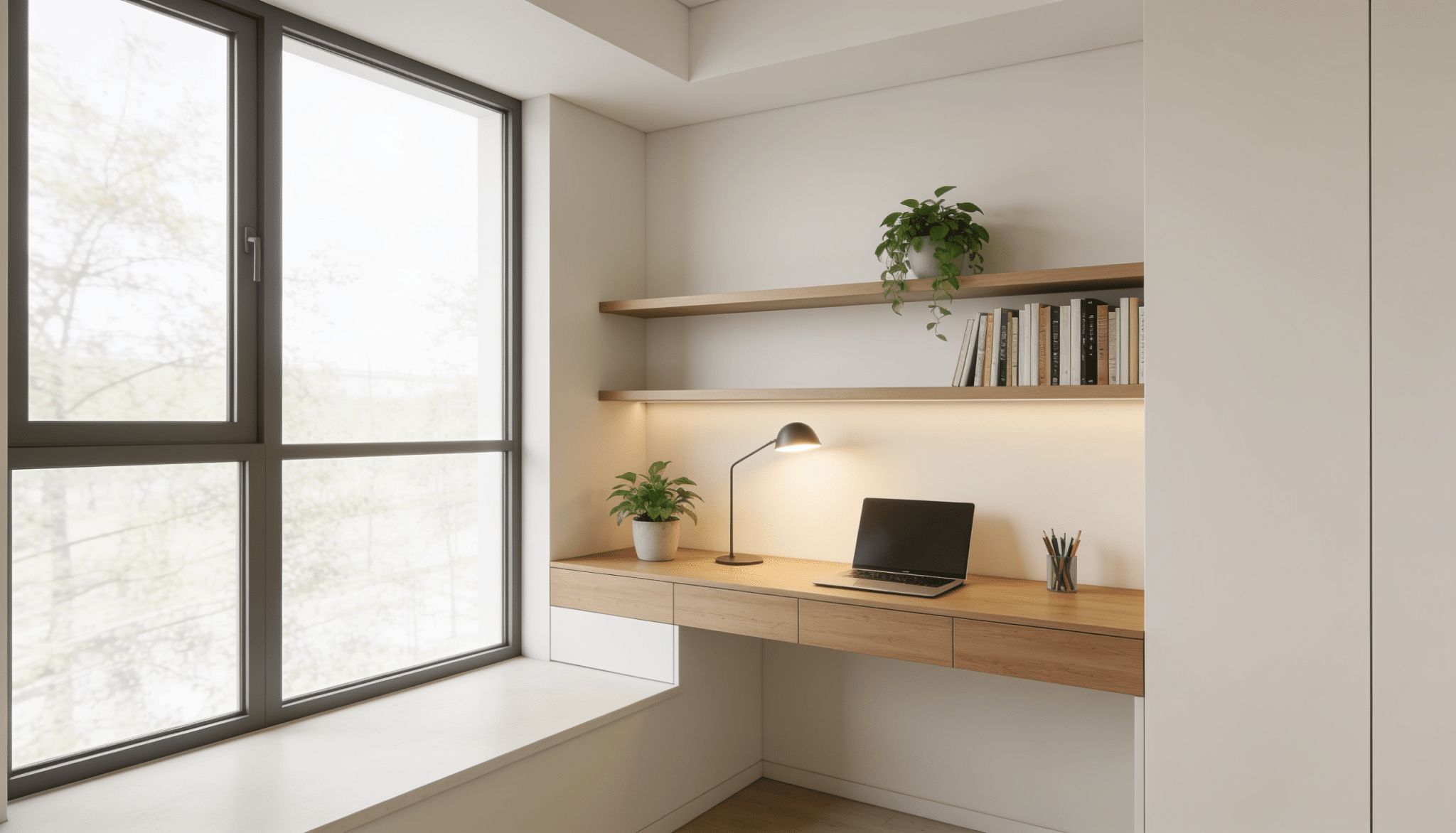 versatile bonus room addition with built-in study nook, floating shelves, large window, and minimalist workspace design