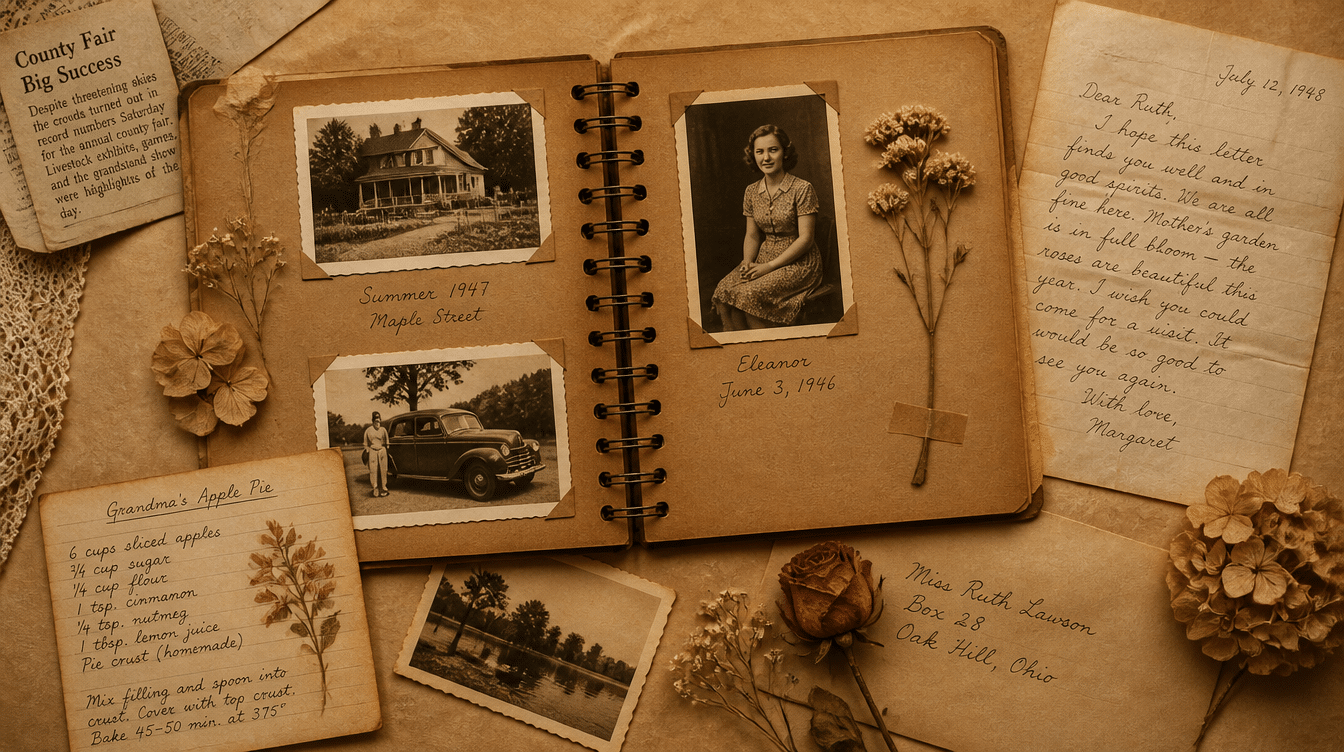 vintage-inspired scrapbook layout with old family photos, handwritten letters, recipe cards, and dried flowers arranged on aged paper background pages