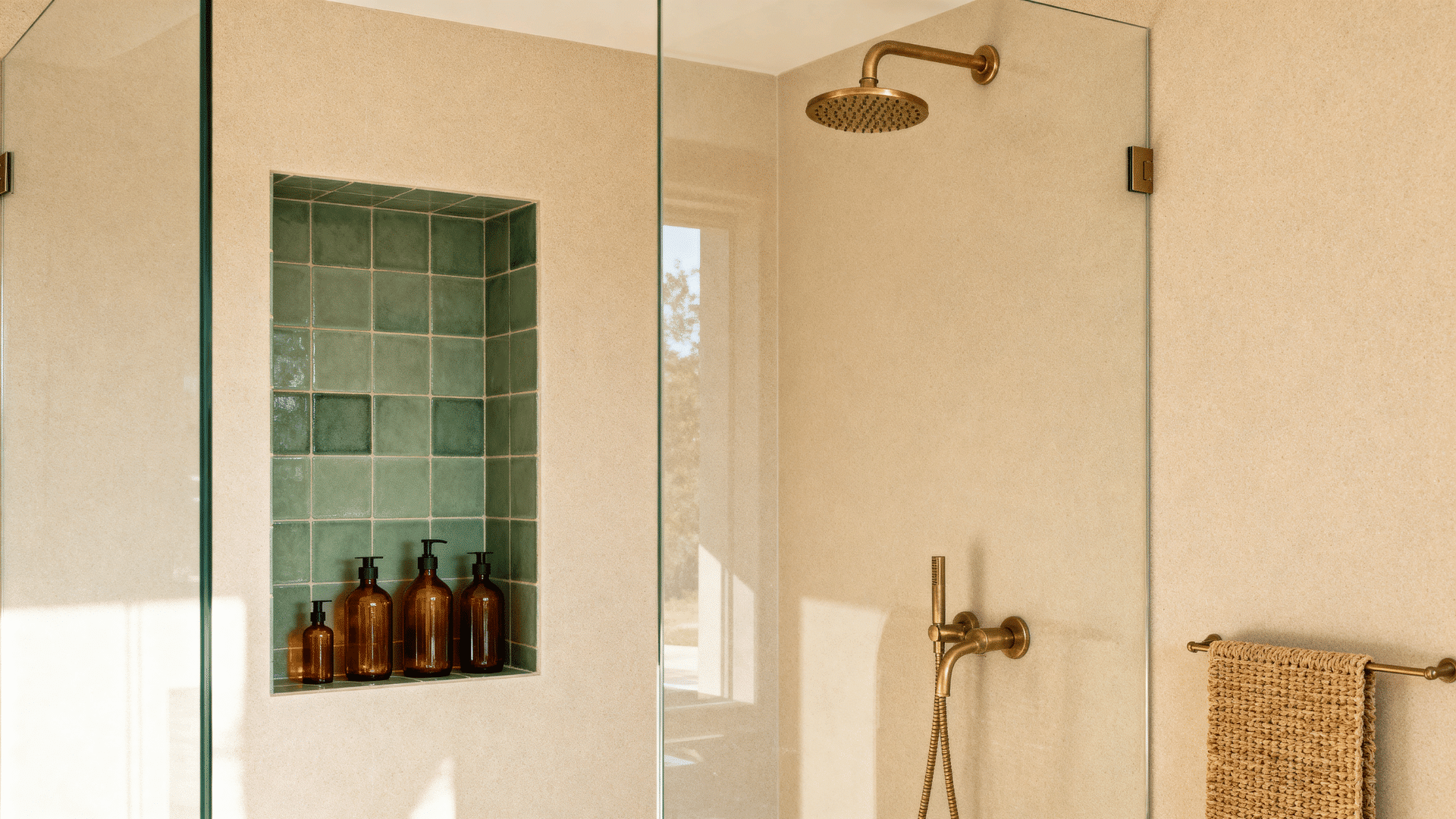 walk-in shower with built-in sage tile niche and brass fixtures