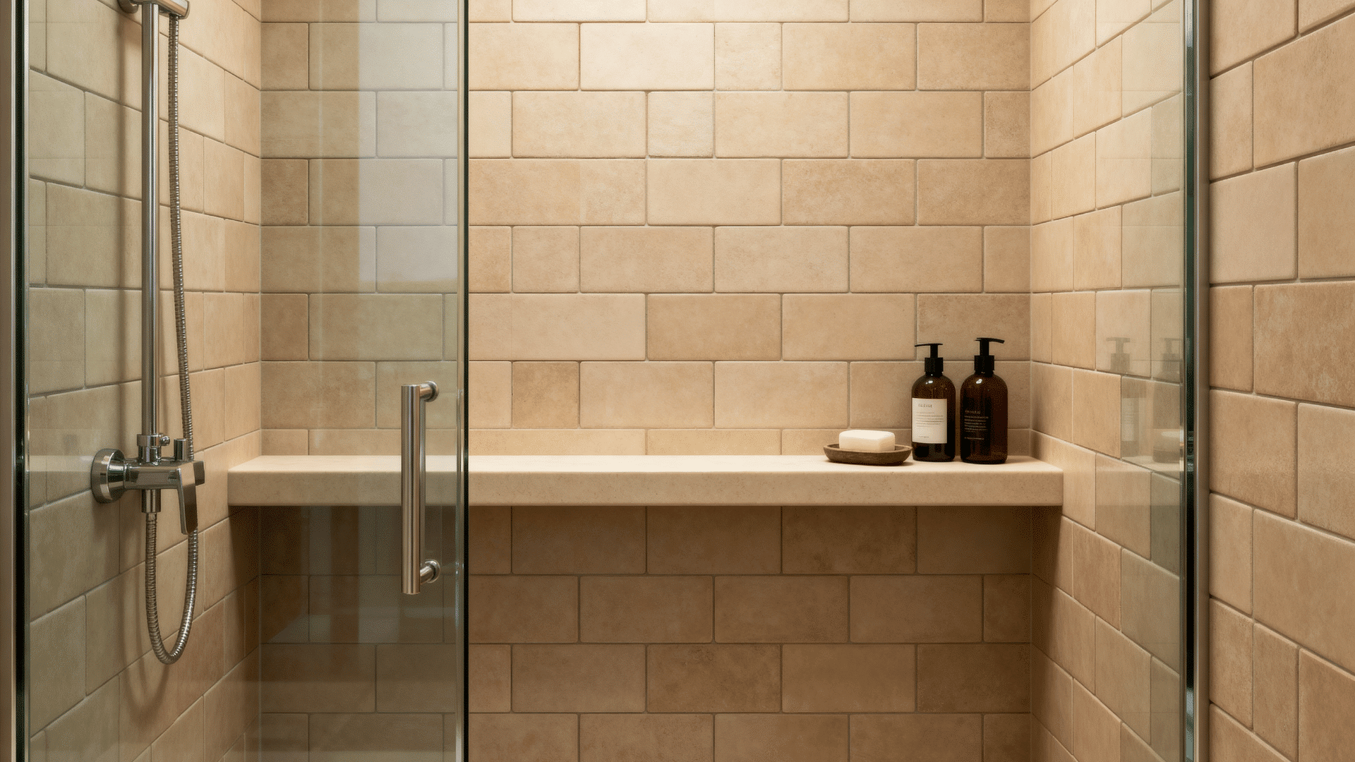 walk-in shower with long built-in ledge for bottles and soap