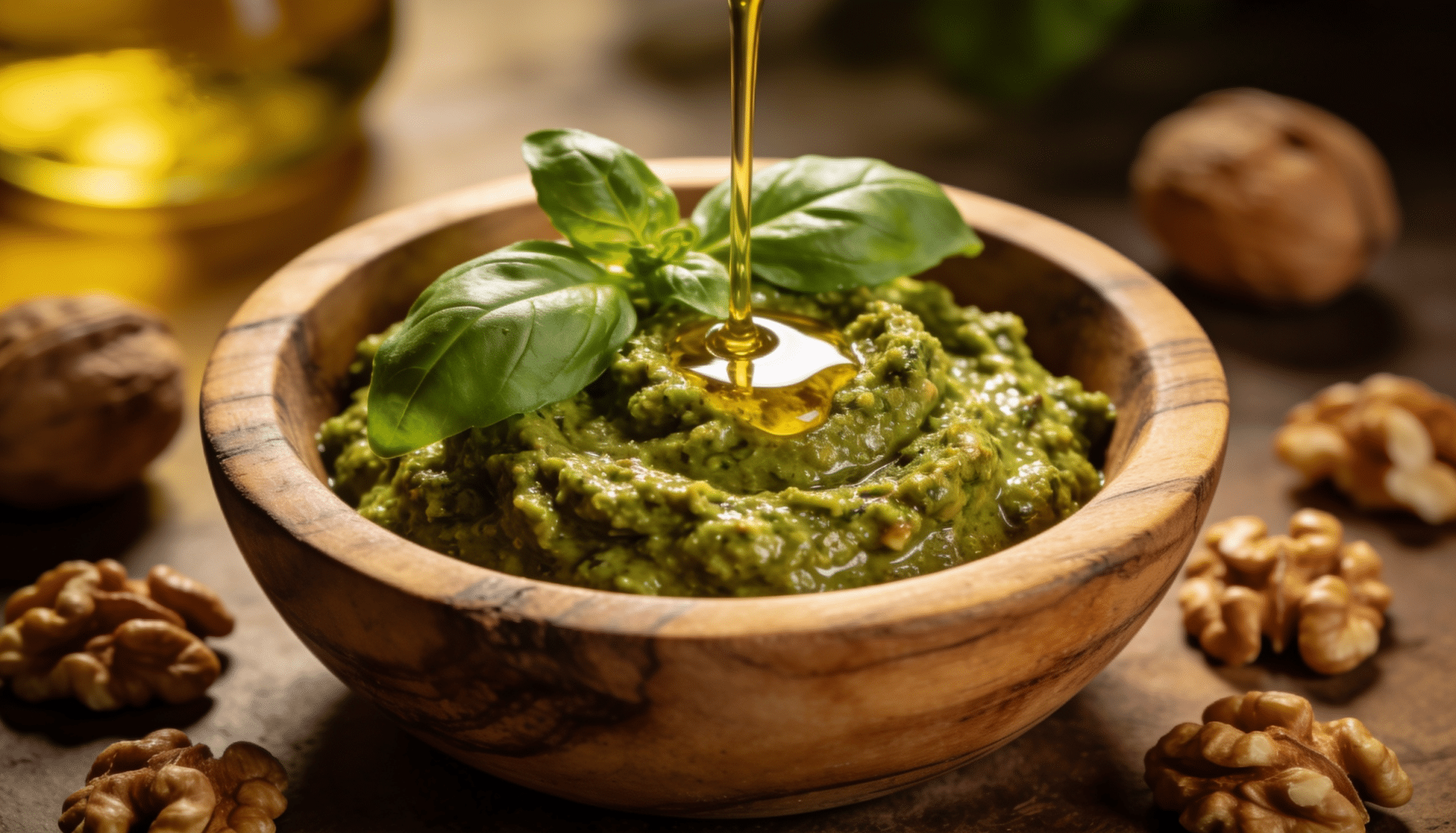walnut pesto in wooden bowl with fresh basil leaves and olive oil being poured over the sauce