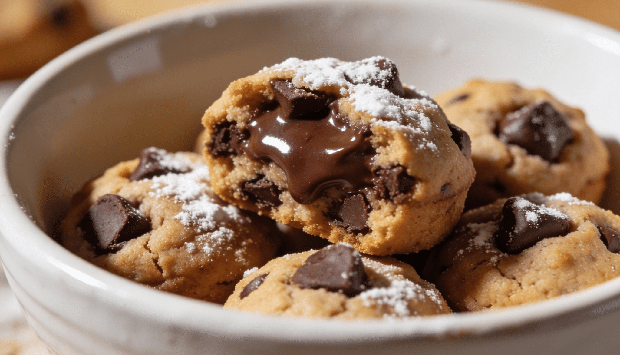 warm chocolate chip cookie bites with melted chocolate centers, dusted with powdered sugar