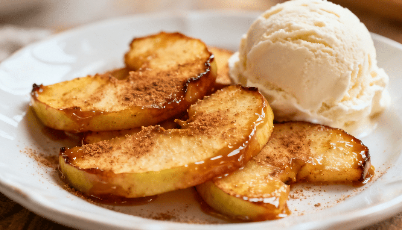 warm cinnamon sugar apple slices drizzled with caramel sauce, served on a white plate with a scoop of vanilla ice cream