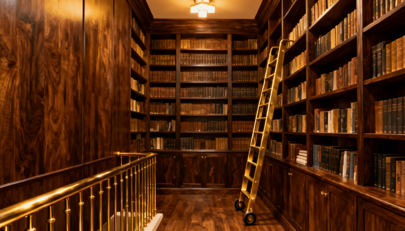 warm home library addition with floor-to-ceiling bookshelves, rolling ladder, rich wood finishes, and ambient lighting