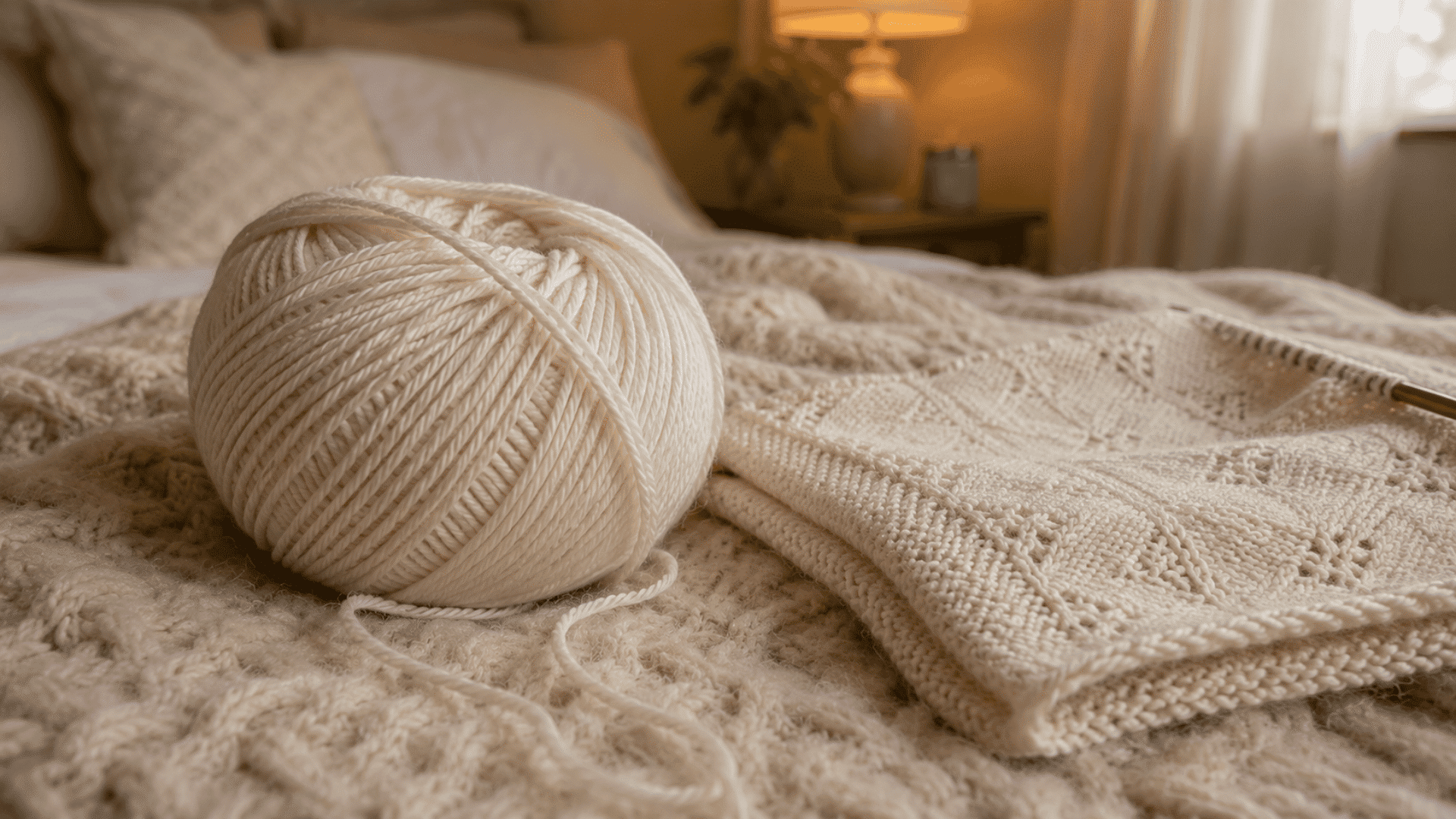 warm ivory merino yarn ball beside a delicate knitted baby blanket on a cozy bed in a soft bedroom setting